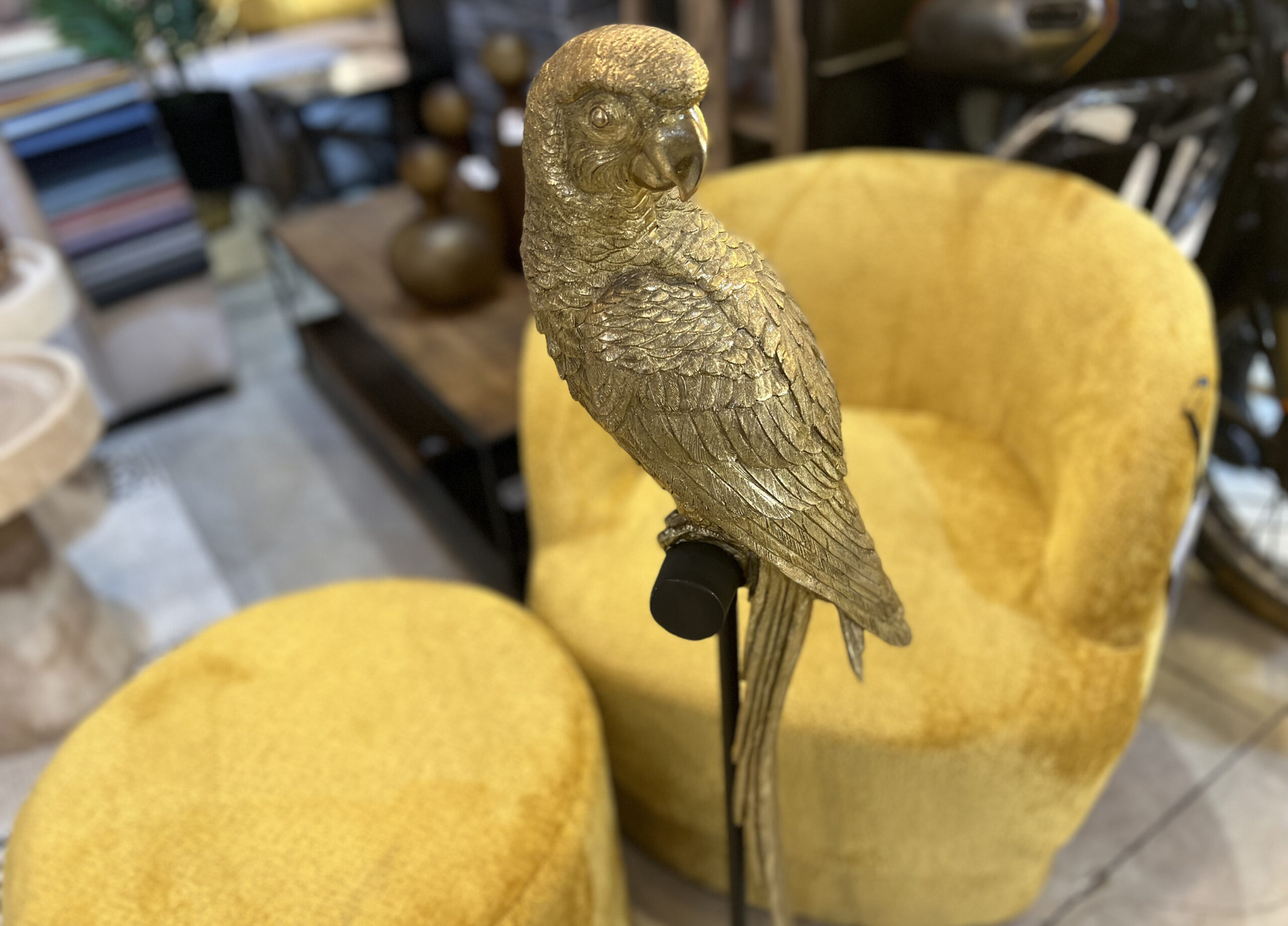 פסל תוכי על מעמד זהב ענק פסל תוכי על מעמד זהב ענק