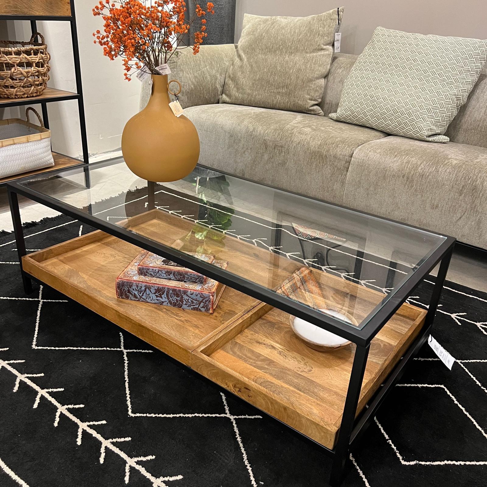 שולחן סלון ווד טרי עץ מנגו ברזל שחור וזכוכית דגם סוניל שולחן סלון ווד טרי עץ מנגו ברזל שחור וזכוכית דגם סוניל