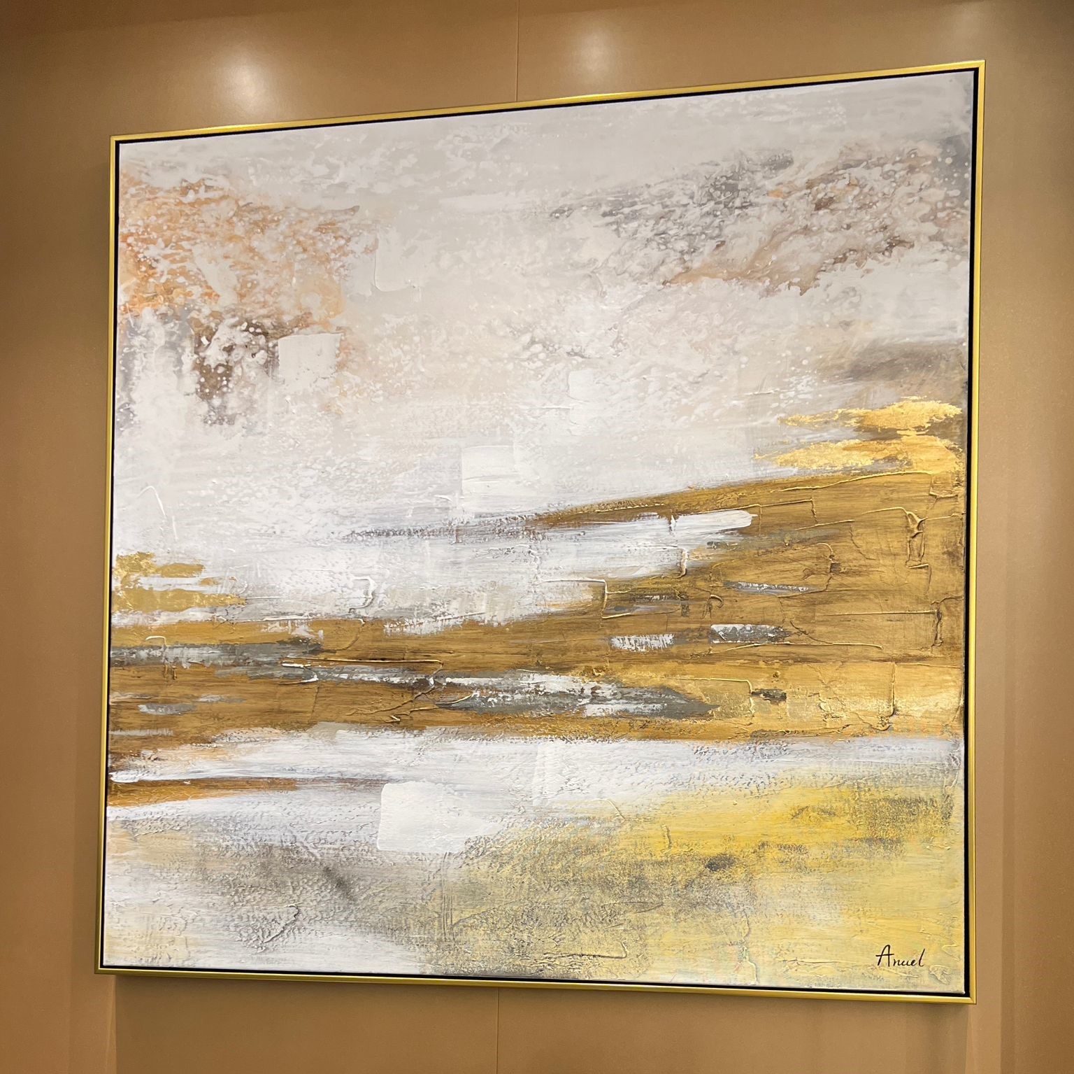 תמונת שמן בשילוב הדפסה אבסטרקט בגווני הזהב וחום תמונת שמן בשילוב הדפסה אבסטרקט בגווני הזהב וחום