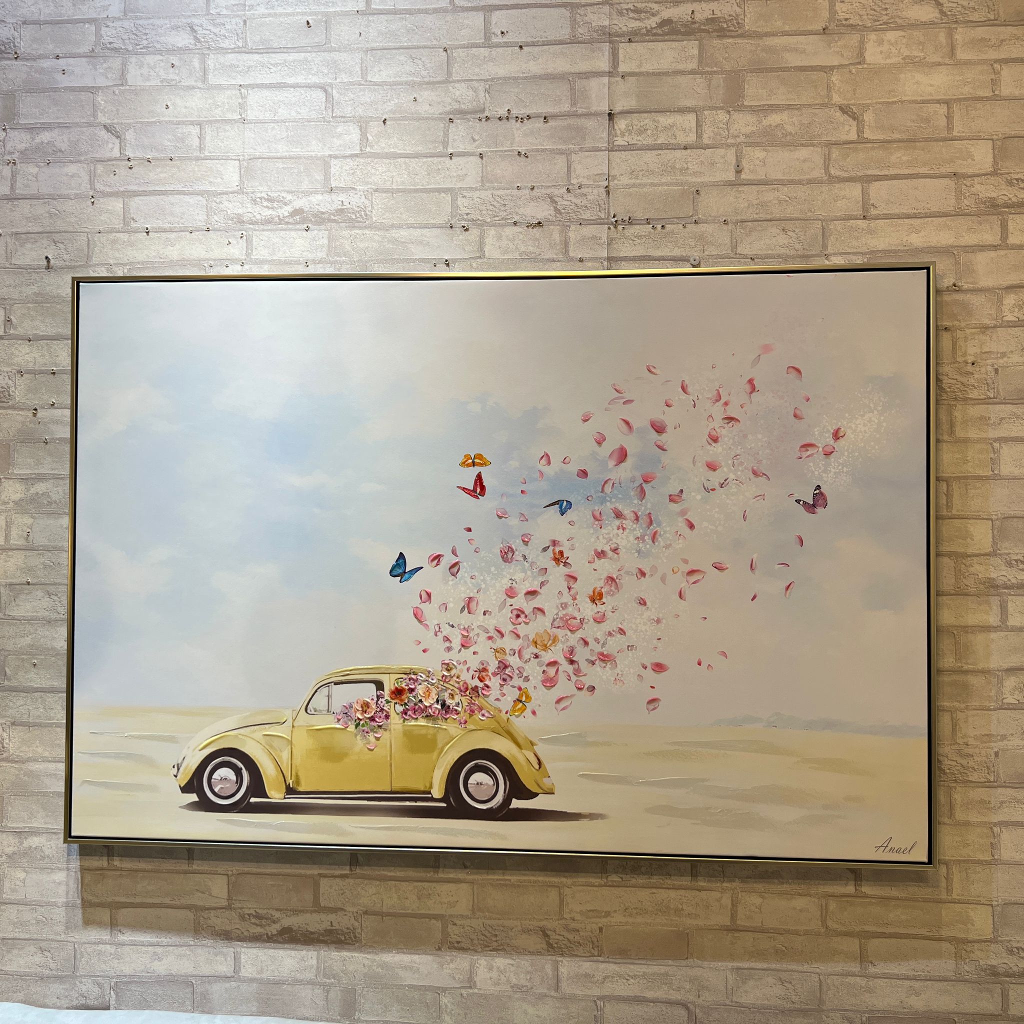 תמונת שמן בשילוב הדפסה מכונית צהובה