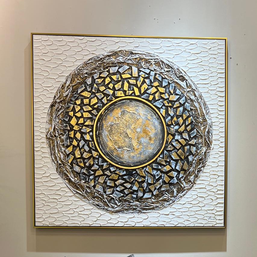 תמונת שמן בשילוב הדפסה עיגול פסיפס נגיעות זהב כחול תמונת שמן בשילוב הדפסה עיגול פסיפס נגיעות זהב כחול