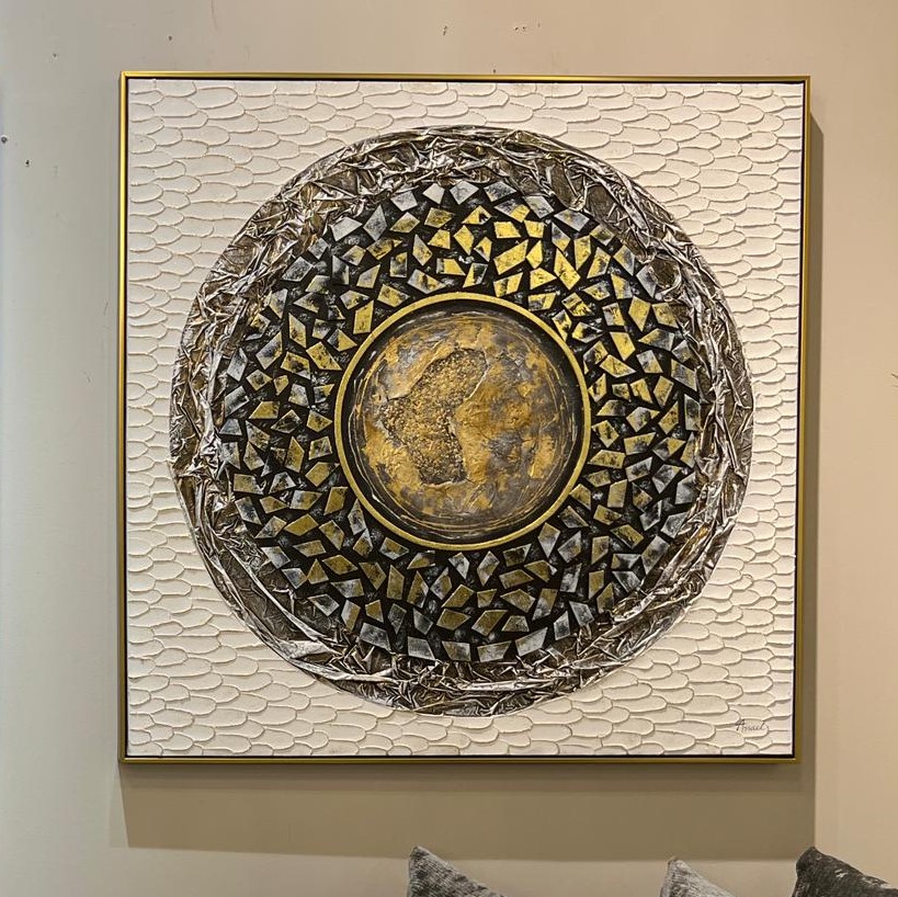 תמונת שמן בשילוב הדפסה עיגול פסיפס נגיעות זהב כחול תמונת שמן בשילוב הדפסה עיגול פסיפס נגיעות זהב כחול