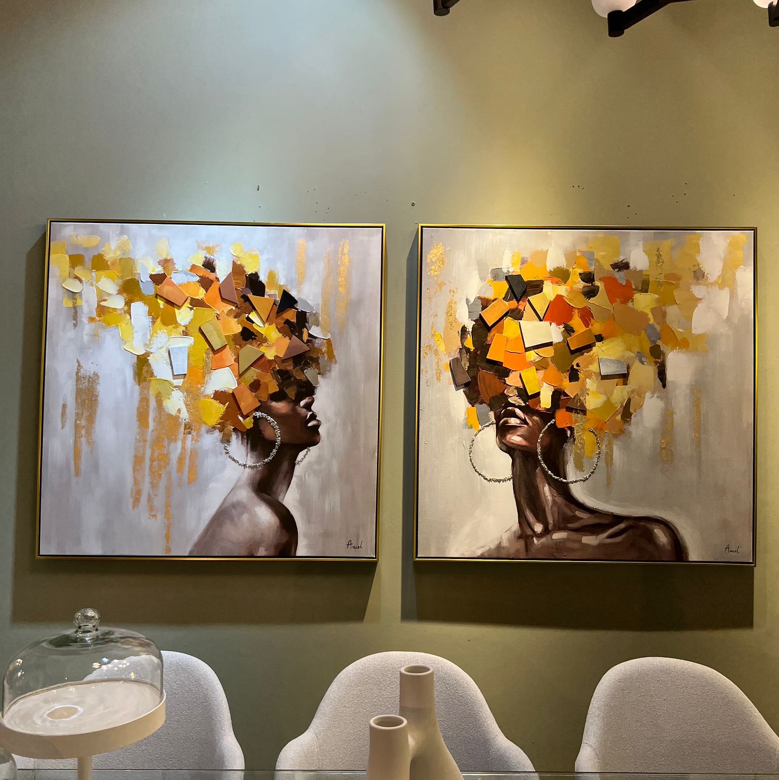 תמונת שמן בשילוב הדפסה ראש אישה גווני כתום עם מסגרת