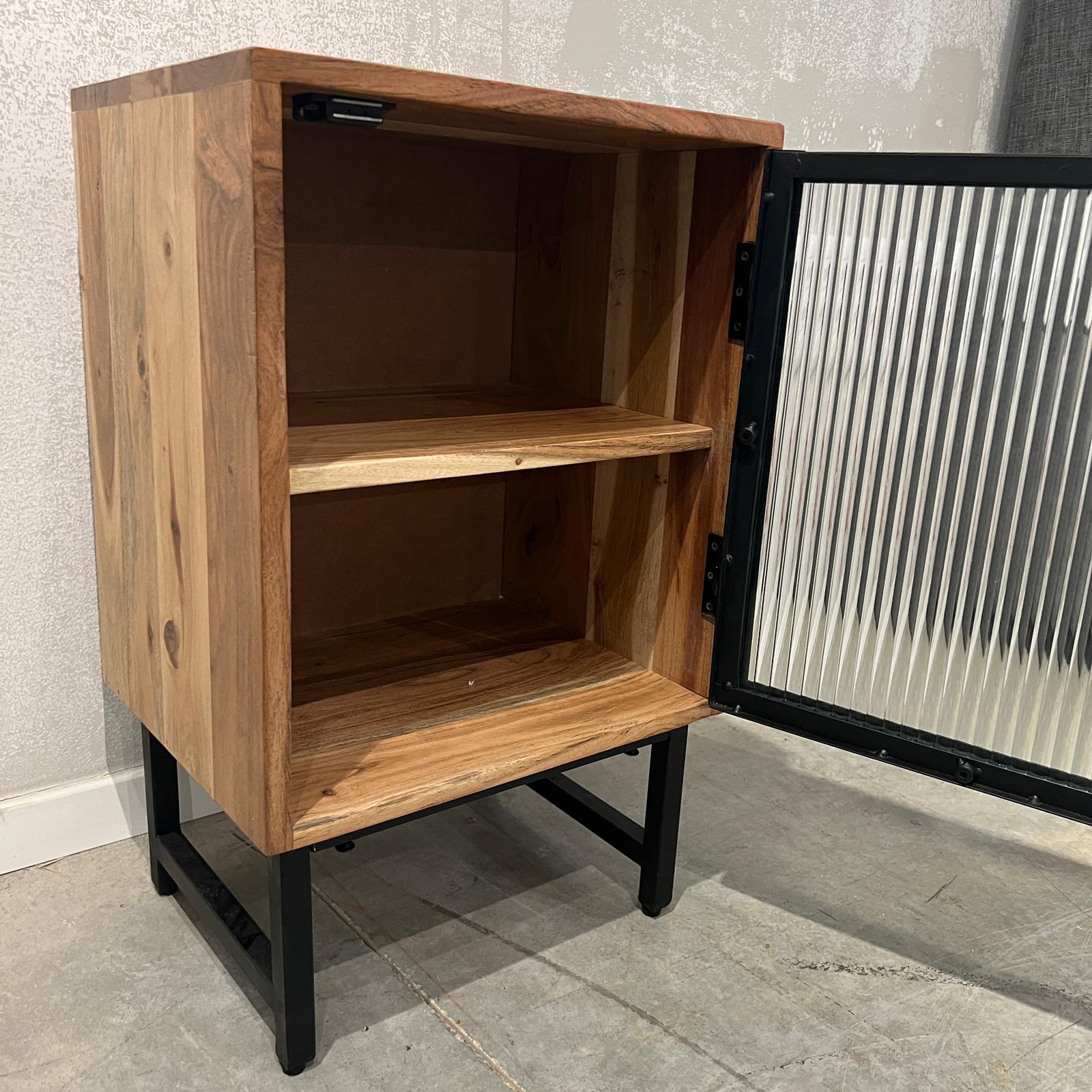 שידת צד עץ שיטה דלת זכוכית מסגרת ברזל שחור דגם לילה