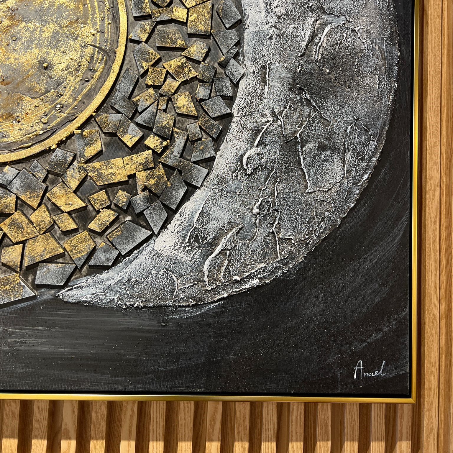 תמונה שמן אנאל רקע שחור ו3 עיגולים בשילוב הדפסה עם מסגרת 90/120 תמונה שמן אנאל רקע שחור ו3 עיגולים בשילוב הדפסה עם מסגרת 90/120