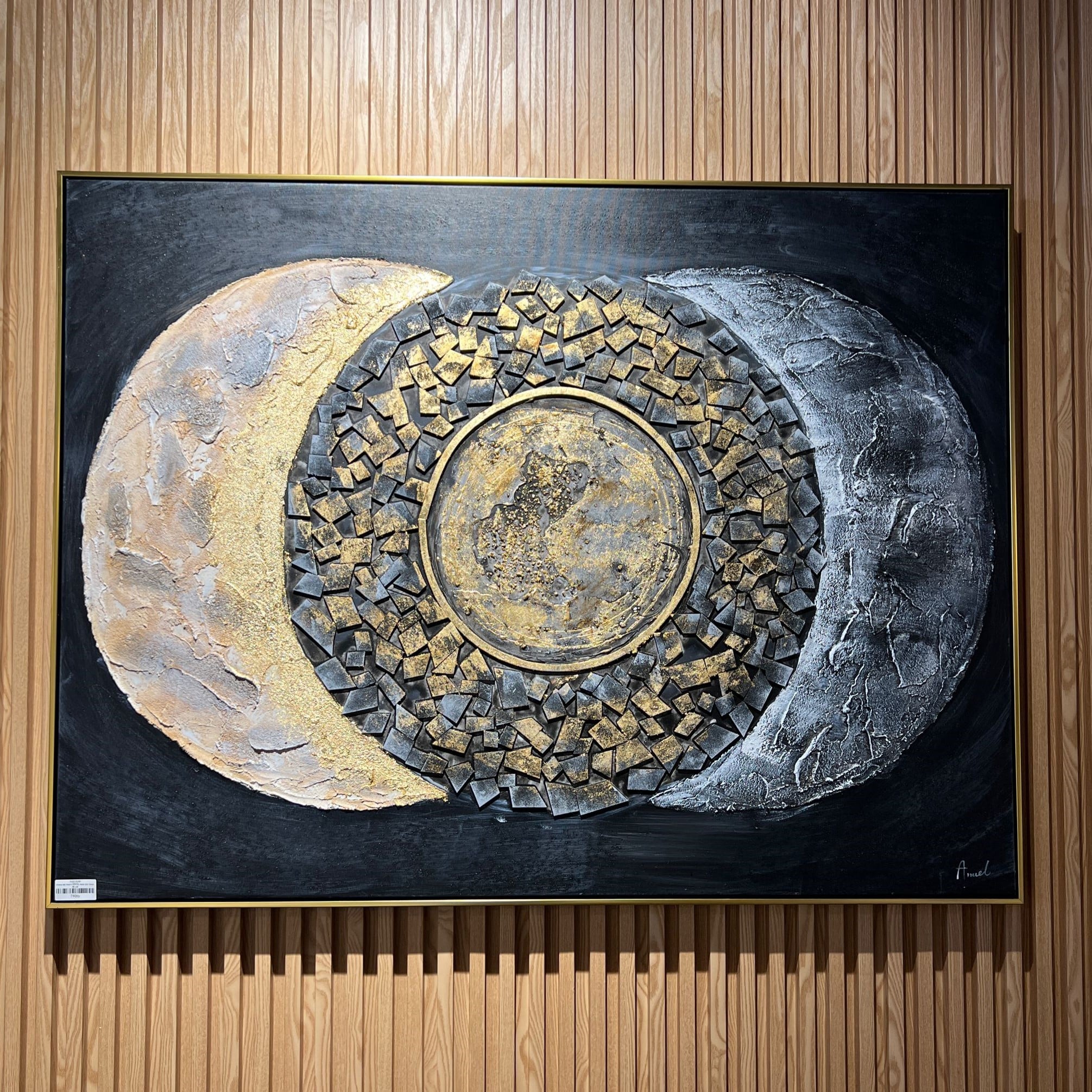 תמונה שמן אנאל רקע שחור ו3 עיגולים בשילוב הדפסה עם מסגרת 90/120 תמונה שמן אנאל רקע שחור ו3 עיגולים בשילוב הדפסה עם מסגרת 90/120