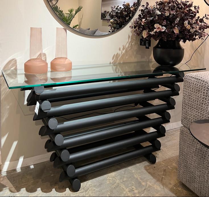 קונסולה זכוכית רגלי נירוסטה שחור מט קונסולה זכוכית רגלי נירוסטה שחור מט