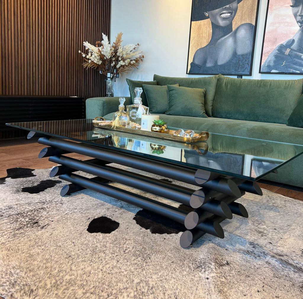 שולחן קפה זכוכית מלבני רגלי נירוסטה שחור מט שולחן קפה זכוכית מלבני רגלי נירוסטה שחור מט