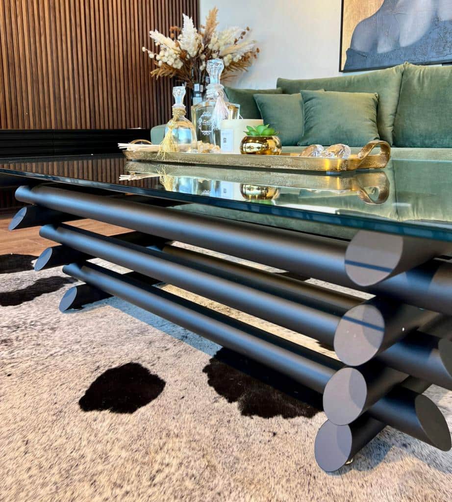 שולחן קפה זכוכית מלבני רגלי נירוסטה שחור מט שולחן קפה זכוכית מלבני רגלי נירוסטה שחור מט