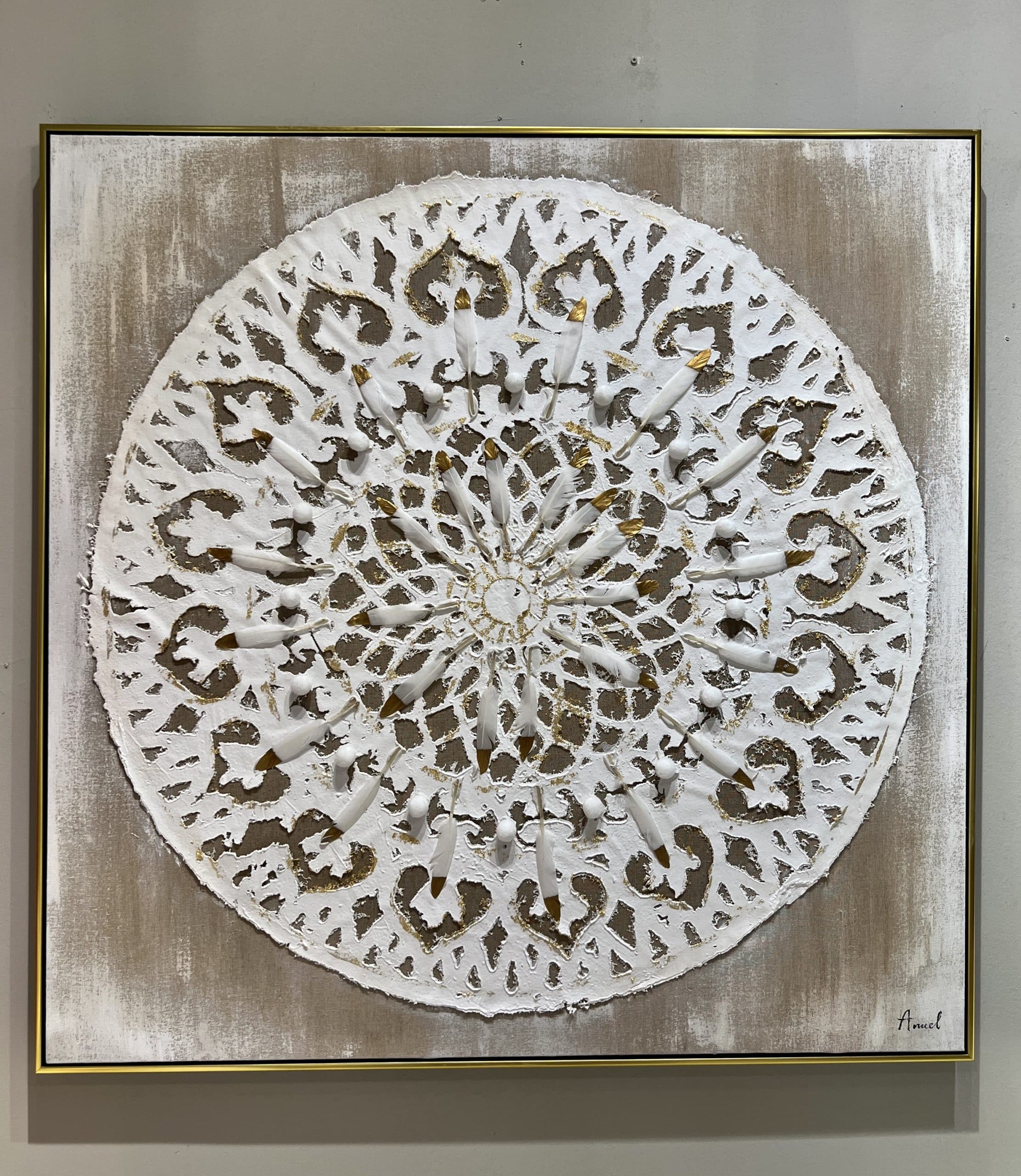 תמונת שמן נוצות בשילוב הדפסה אנאל עם מסגרת