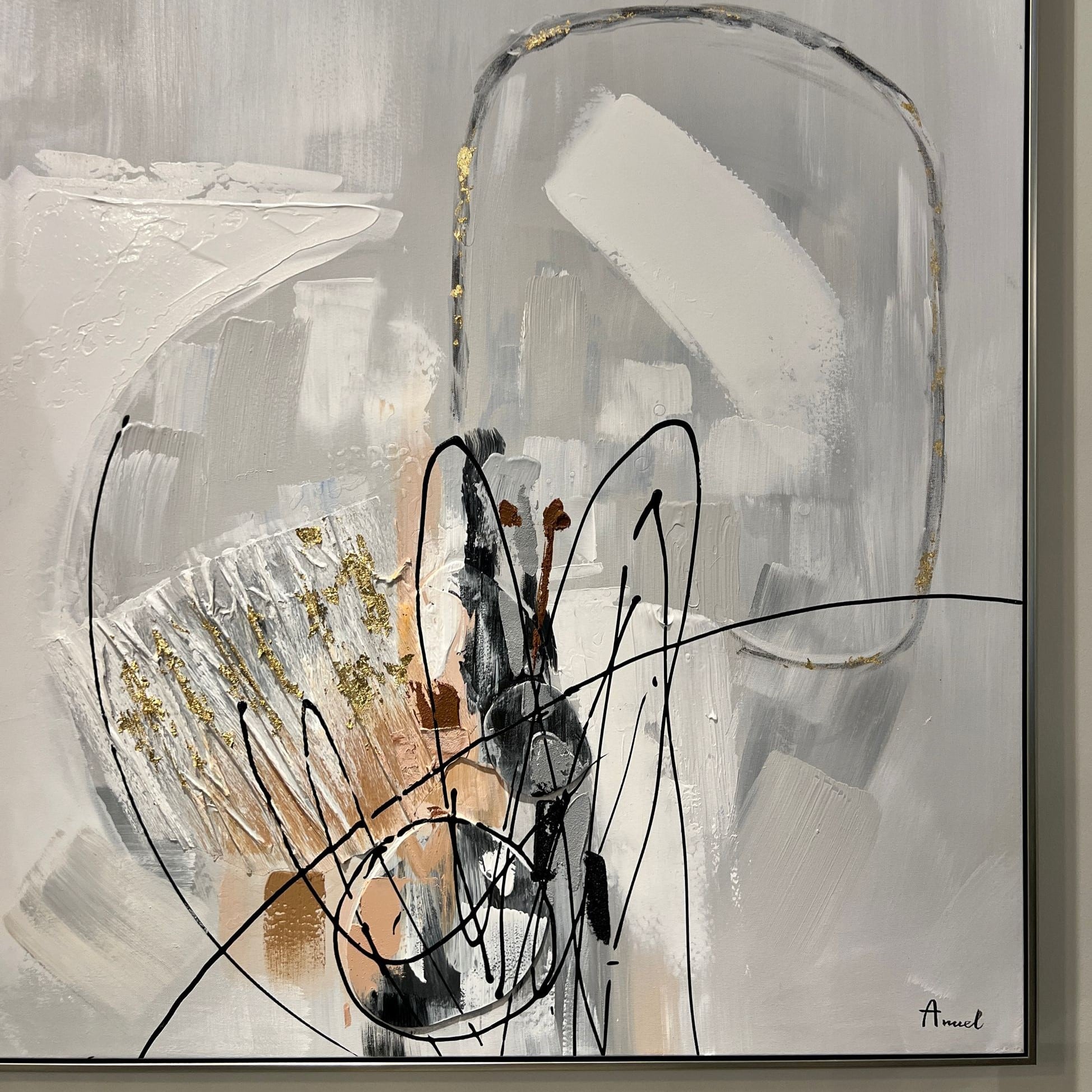 תמונת שמן עבודת יד רקע בהיר בשילוב הדפסה אנאל עם מסגרת 100/100