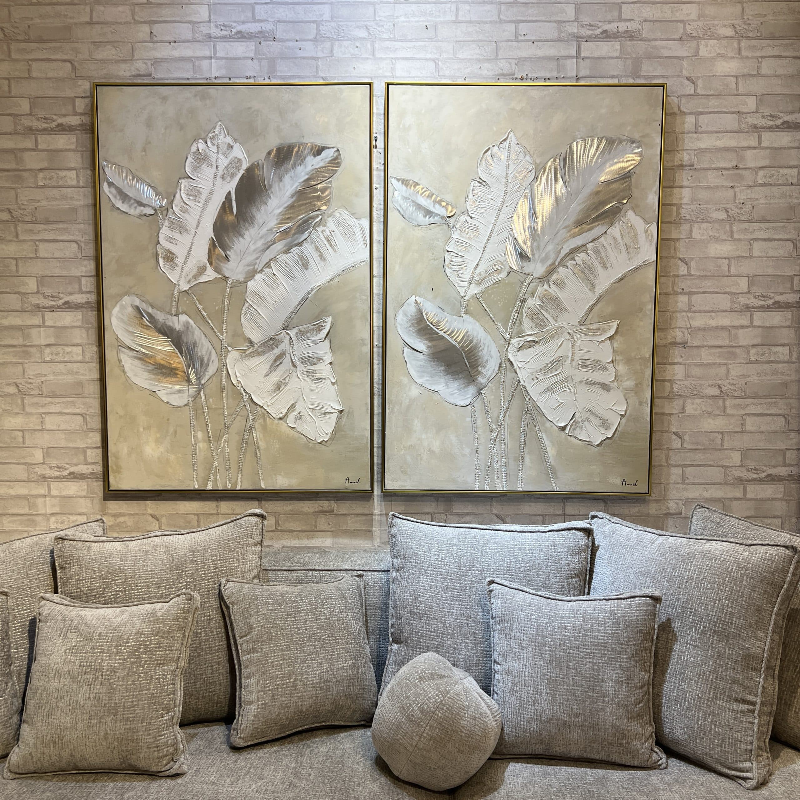 תמונת שמן עלים בשילוב הדפסה אנאל עם מסגרת