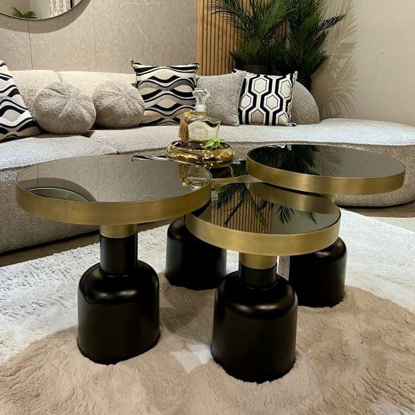 שולחן סלון דגם ראבי זכוכית שחורה בסיס שחור זהב