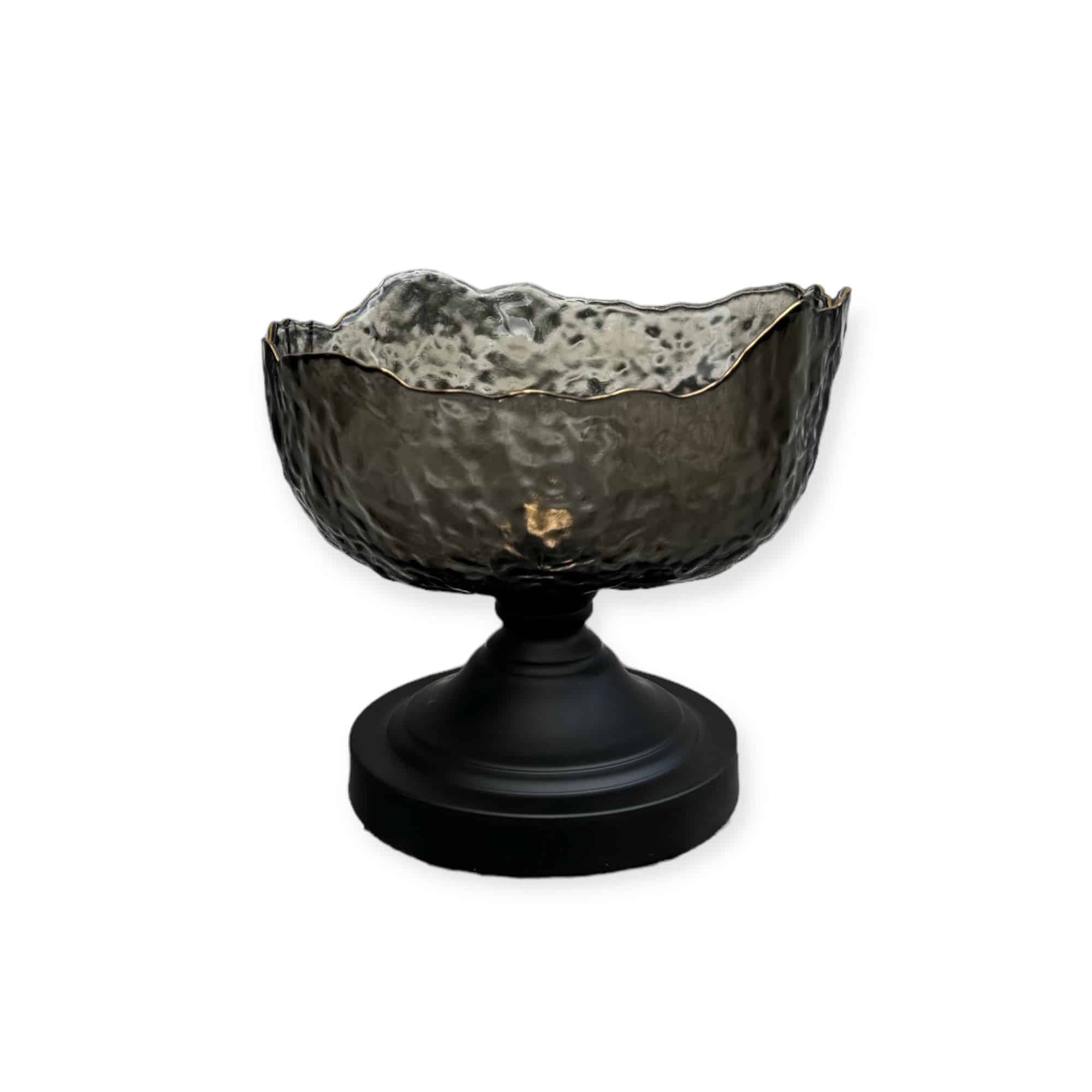 קערה זכוכית רקוע אפור פס זהב גדול עם רגל שחורה דגם אליס קערה זכוכית רקוע אפור פס זהב גדול עם רגל שחורה דגם אליס