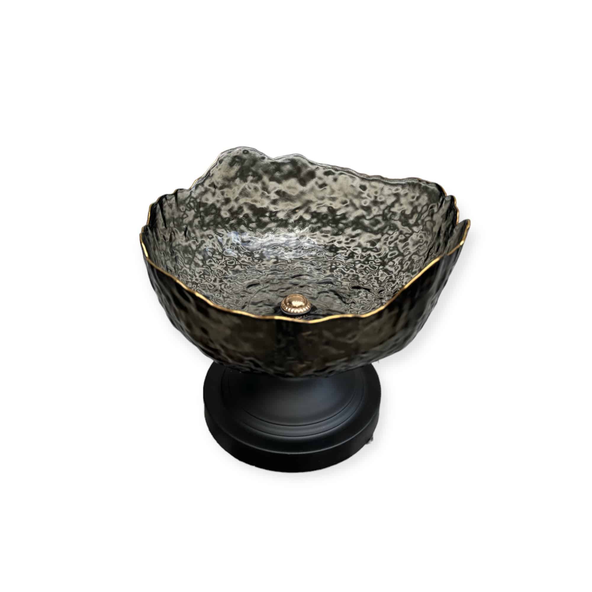 קערה זכוכית רקוע אפור פס זהב גדול עם רגל שחורה דגם אליס קערה זכוכית רקוע אפור פס זהב גדול עם רגל שחורה דגם אליס