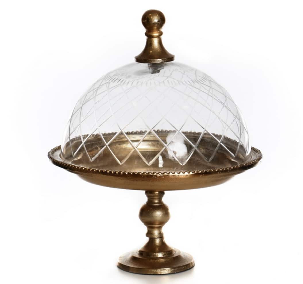 מגש עגול על רגל מתכת זהב פעמון זכוכית מגש עגול על רגל מתכת זהב פעמון זכוכית