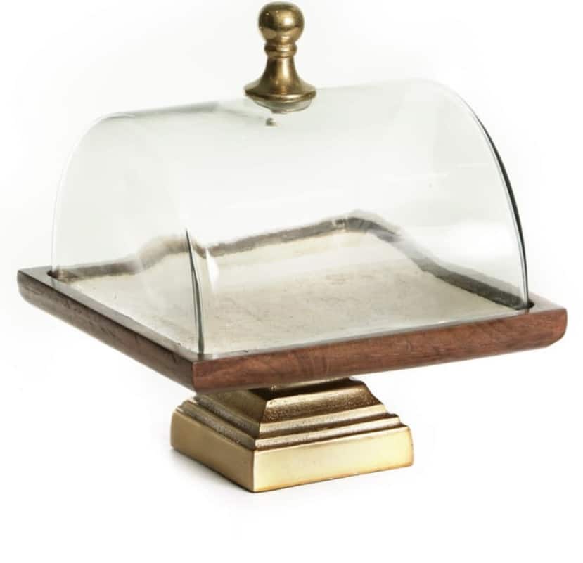 מגש מרובע על רגל זהב בסיס עץ טבעי פעמון זכוכית שקוף מגש מרובע על רגל זהב בסיס עץ טבעי פעמון זכוכית שקוף