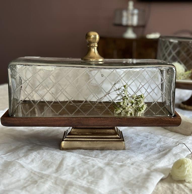 מגש מלבני על רגל זהב בסיס עץ טבעי פעמון זכוכית שקוף מגש מלבני על רגל זהב בסיס עץ טבעי פעמון זכוכית שקוף