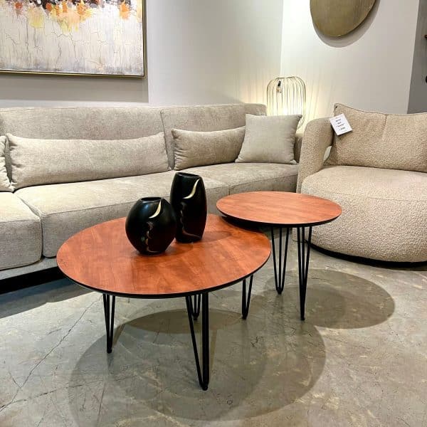 סט שולחנות סלון עגולים עץ ורגל שחורה