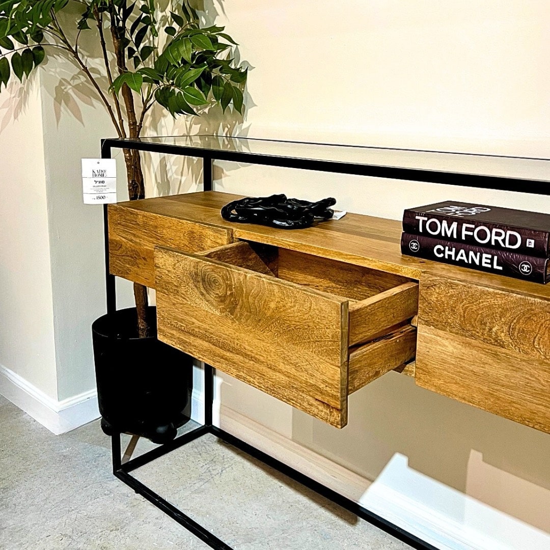 קונסולה עץ 3 מגירות עץ טופ זכוכית ברזל שחור דגם סוניל