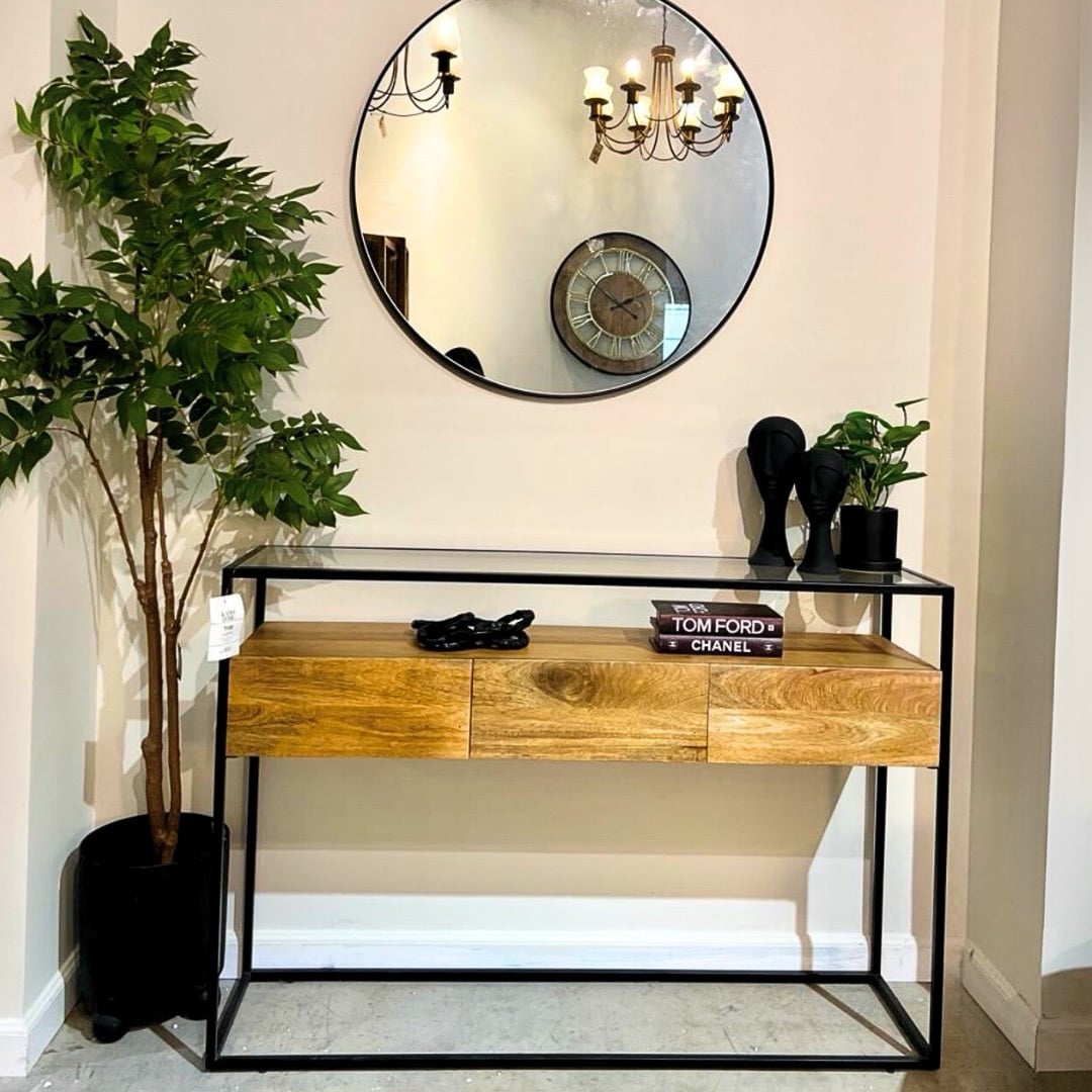 קונסולה עץ 3 מגירות עץ טופ זכוכית ברזל שחור דגם סוניל