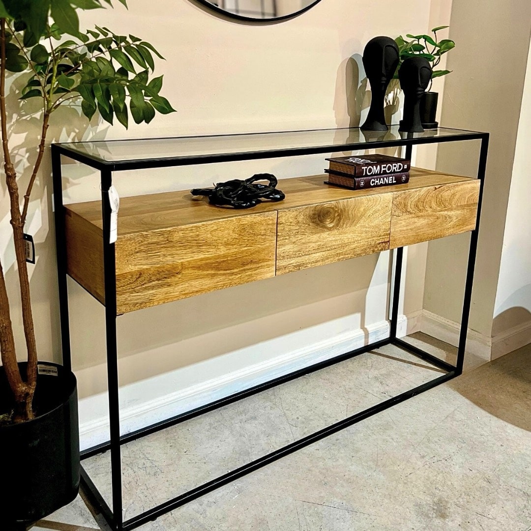 קונסולה עץ 3 מגירות עץ טופ זכוכית ברזל שחור דגם סוניל