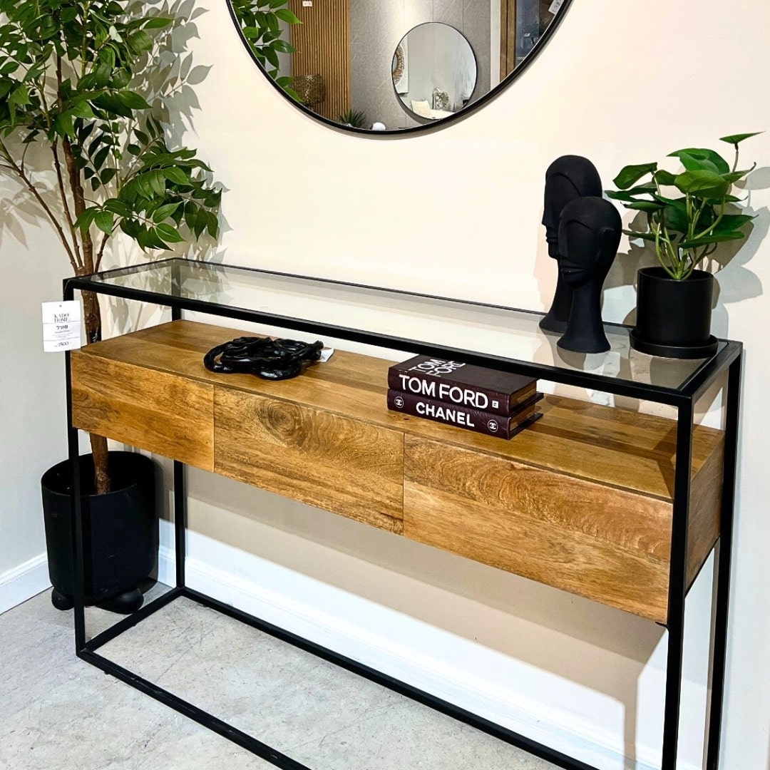 קונסולה עץ 3 מגירות עץ טופ זכוכית ברזל שחור דגם סוניל