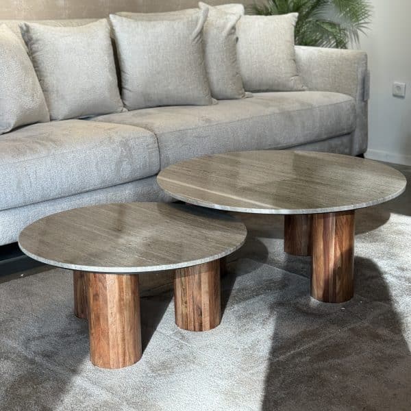 שולחן סלון דומיניק שיש בז רגלי עץ כהה דגם ראבי