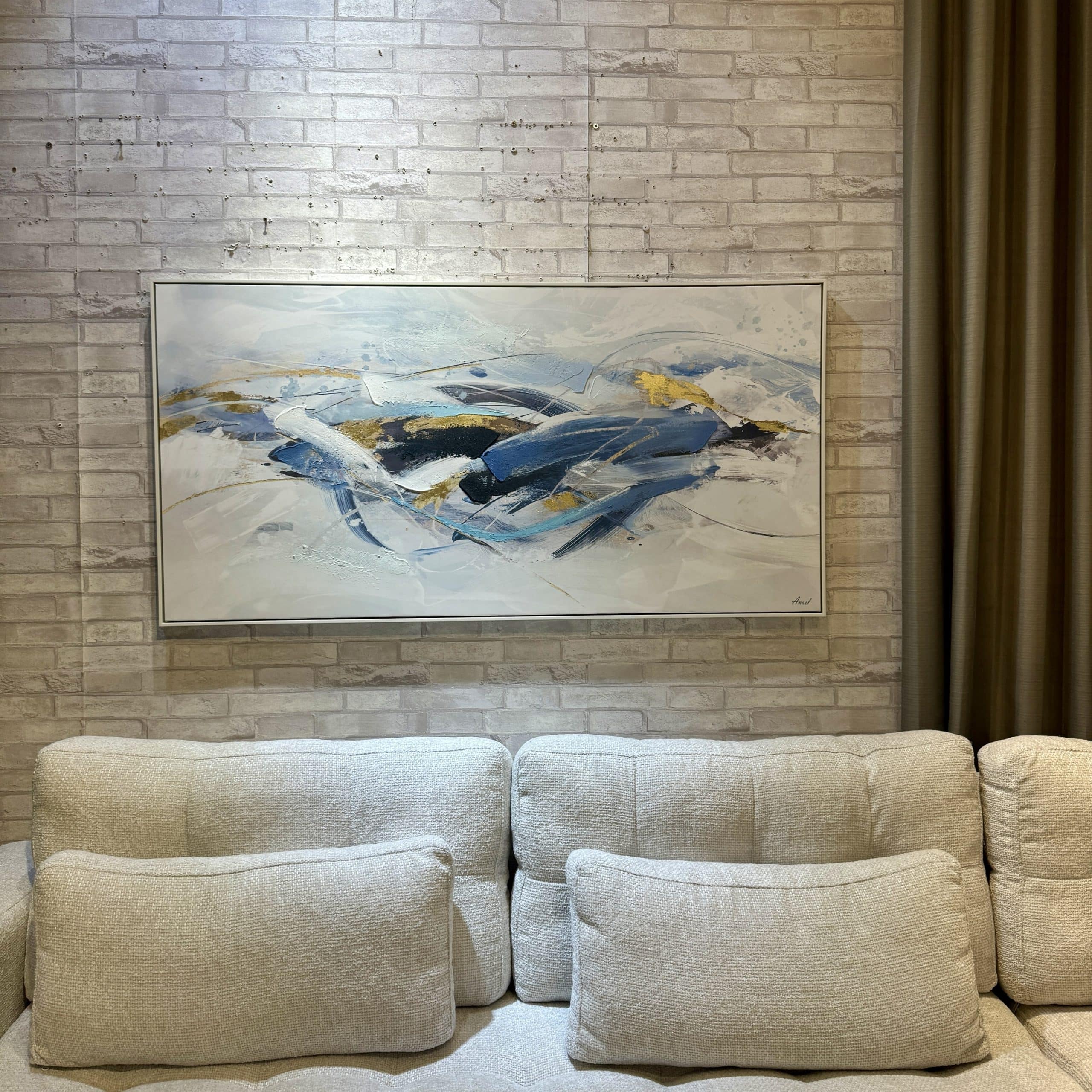 תמונת שמן אנאל אבסטרקטית מתפרץ כחול זהב בשילוב הדפסה עם מסגרת