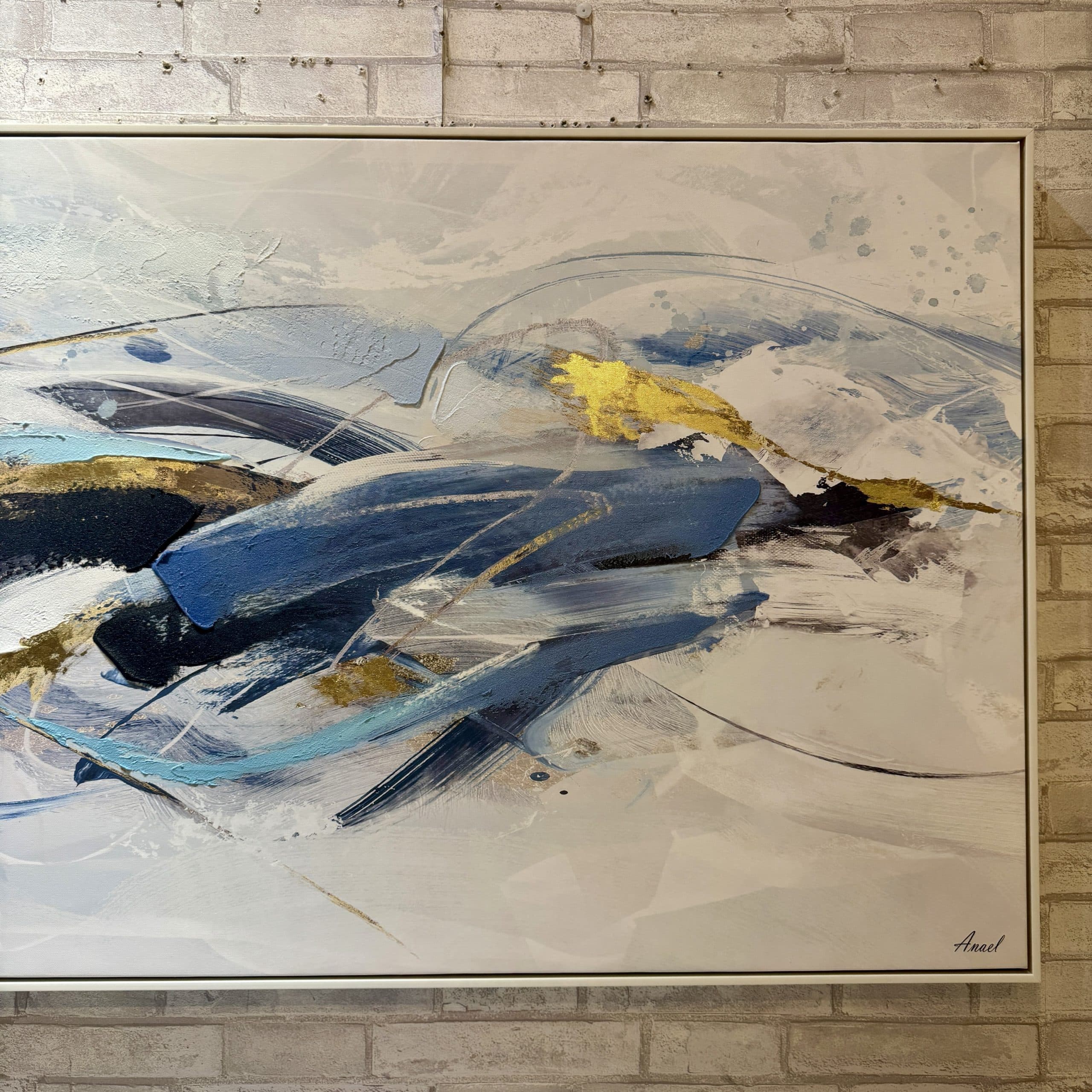 תמונת שמן אנאל אבסטרקטית מתפרץ כחול זהב בשילוב הדפסה עם מסגרת