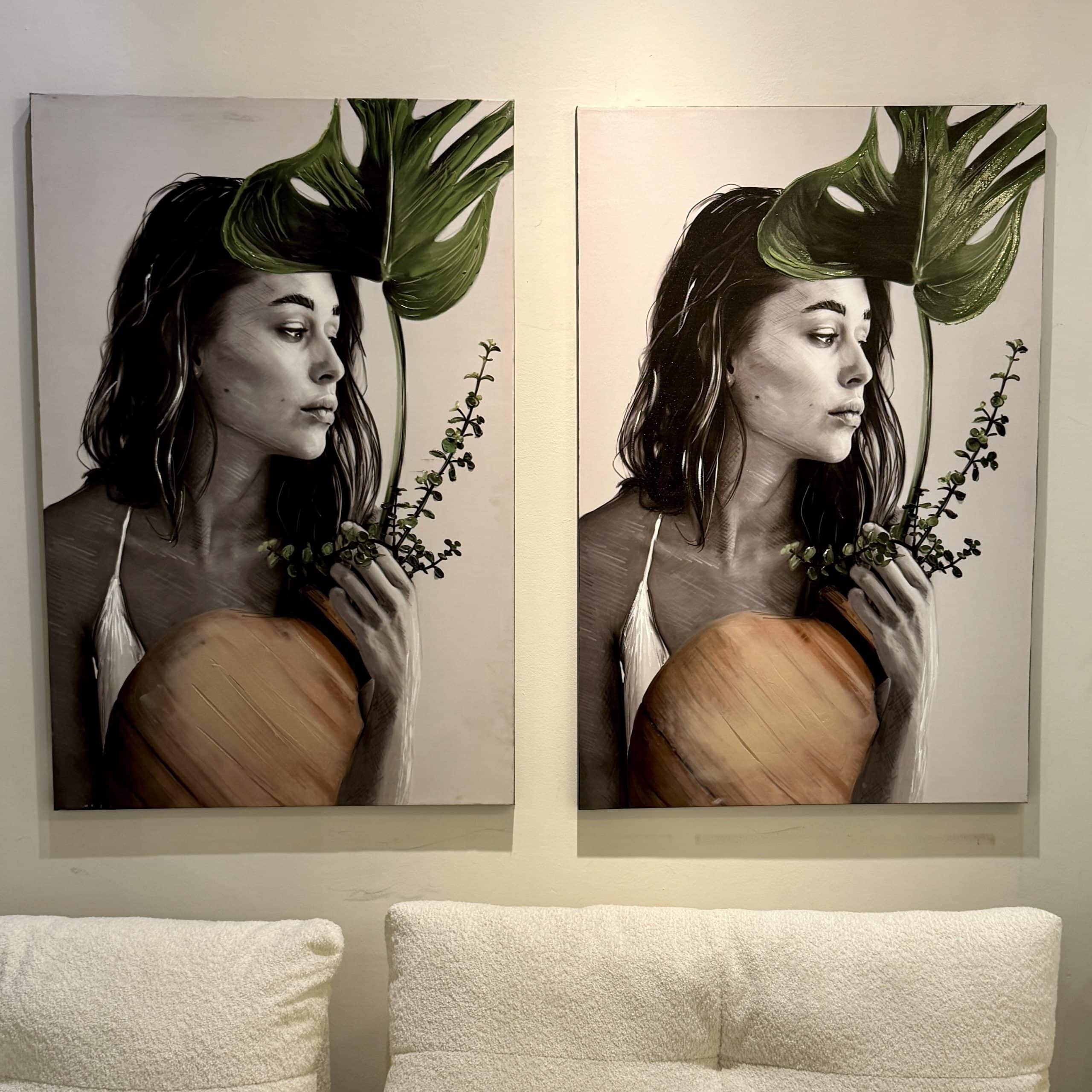 תמונה עבודת יד אישה עם עלה ירוק וכד חום דגם איקו תמונה עבודת יד אישה עם עלה ירוק וכד חום דגם איקו