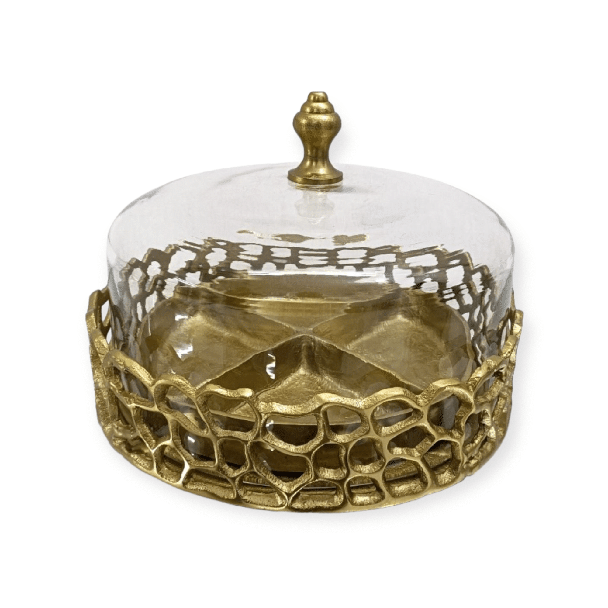 מגש עגול מחולק מתכת מחוררת זהב פעמון זכוכית שקוף דגם רוני מגש עגול מחולק מתכת מחוררת זהב פעמון זכוכית שקוף דגם רוני