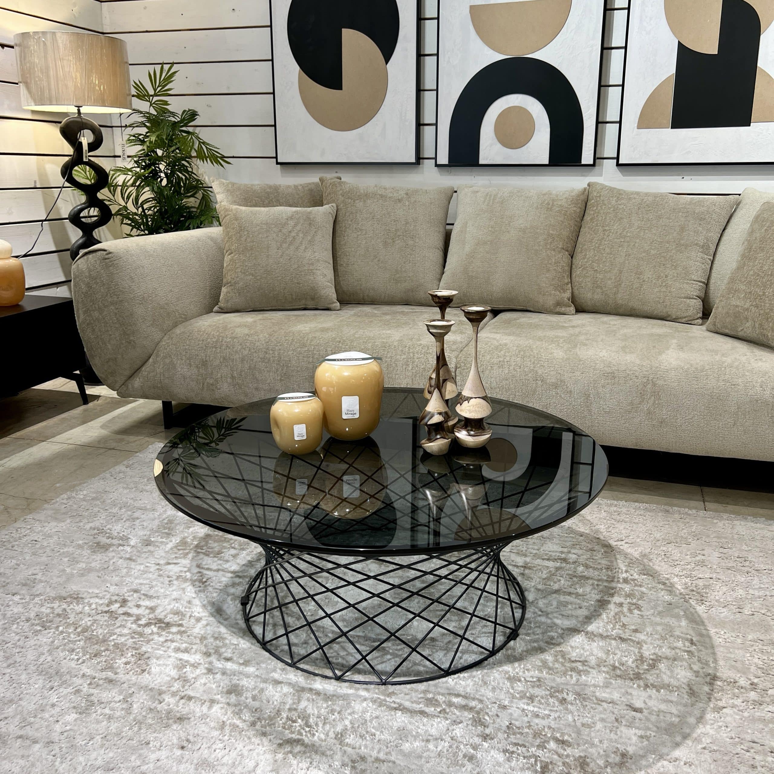 שולחן סלון עגול דגם רשת קימי זכוכית כהה