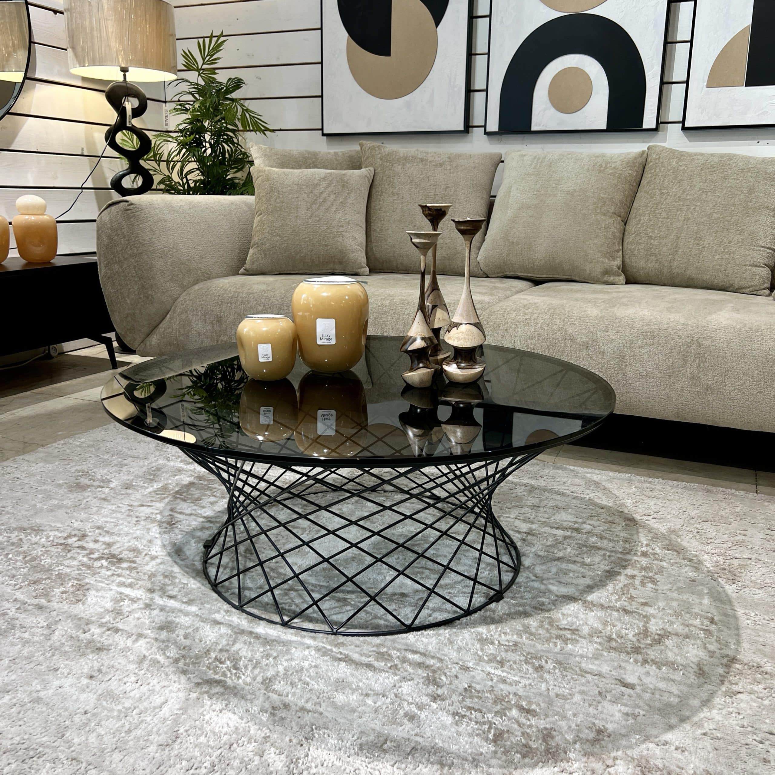 שולחן סלון עגול דגם רשת קימי זכוכית כהה