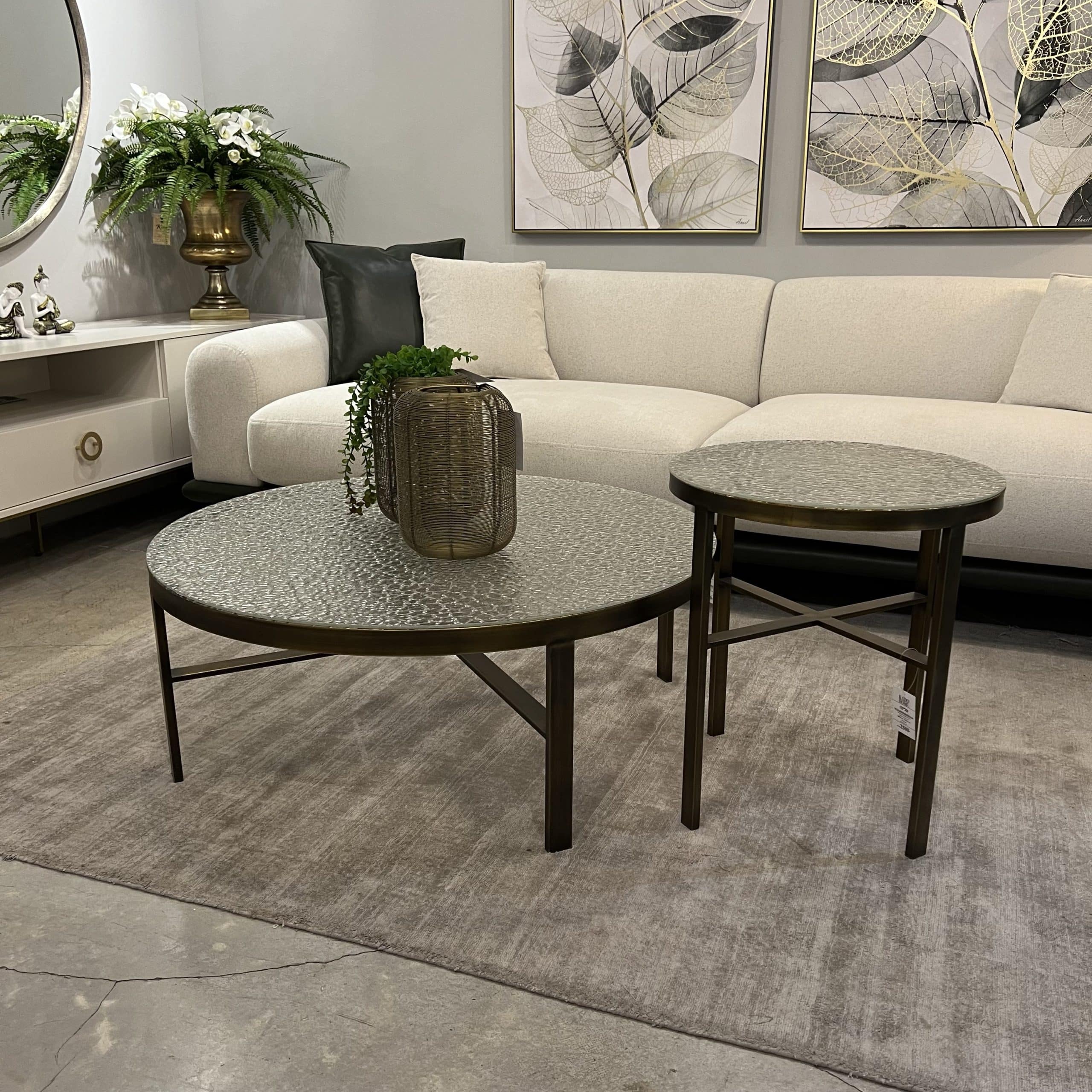 סט שולחנות סלון עגולים זהב זכוכית ריקועים דגם סלינה סט שולחנות סלון עגולים זהב זכוכית ריקועים דגם סלינה