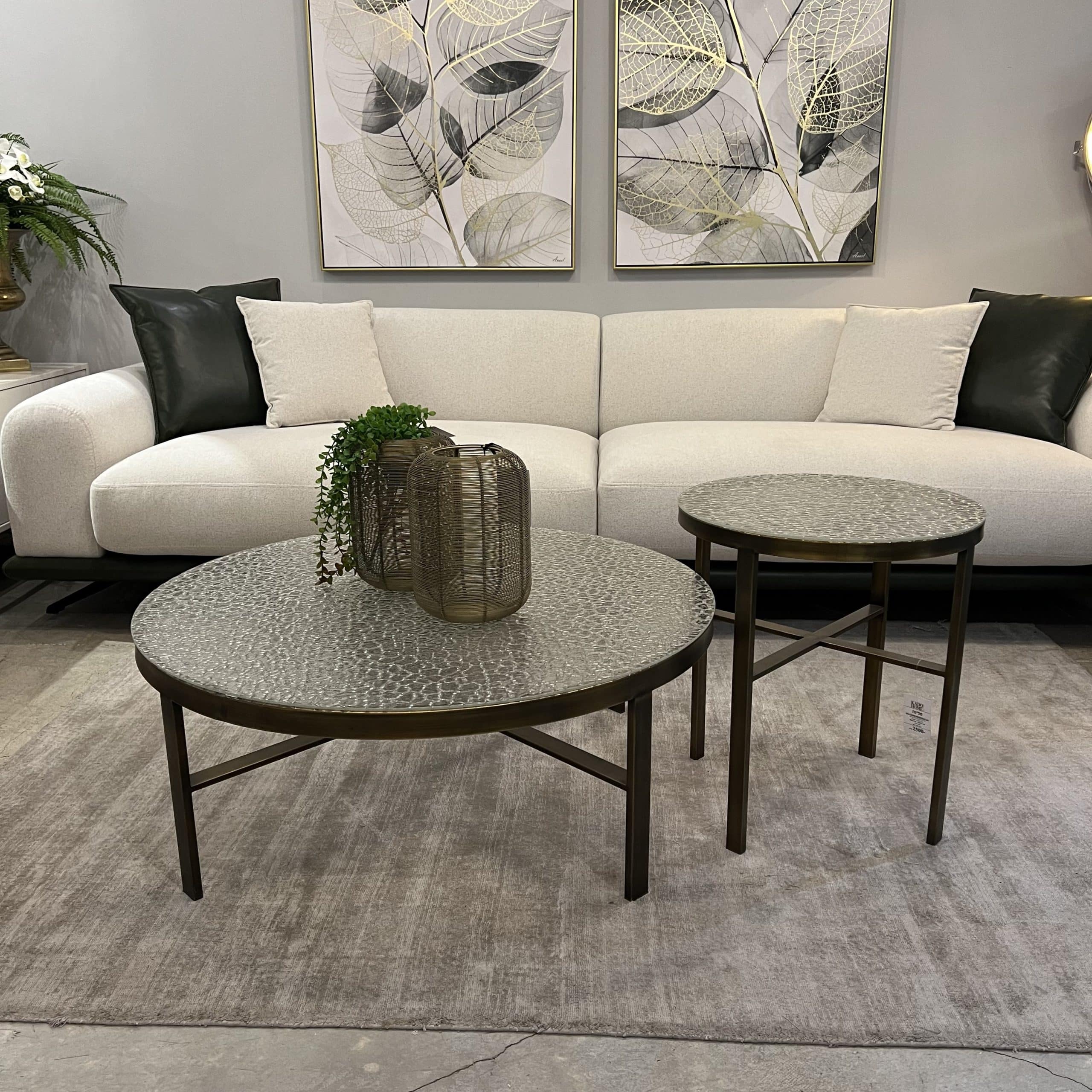 סט שולחנות סלון עגולים זהב זכוכית ריקועים דגם סלינה סט שולחנות סלון עגולים זהב זכוכית ריקועים דגם סלינה