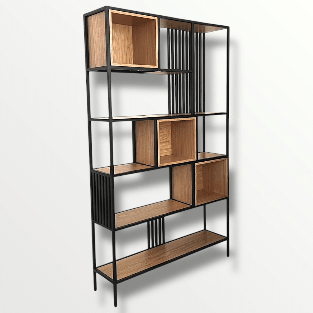 יחידת מדפים קוביות פורניר אלון וברזל שחור 120/200 יחידת מדפים קוביות פורניר אלון וברזל שחור 120/200