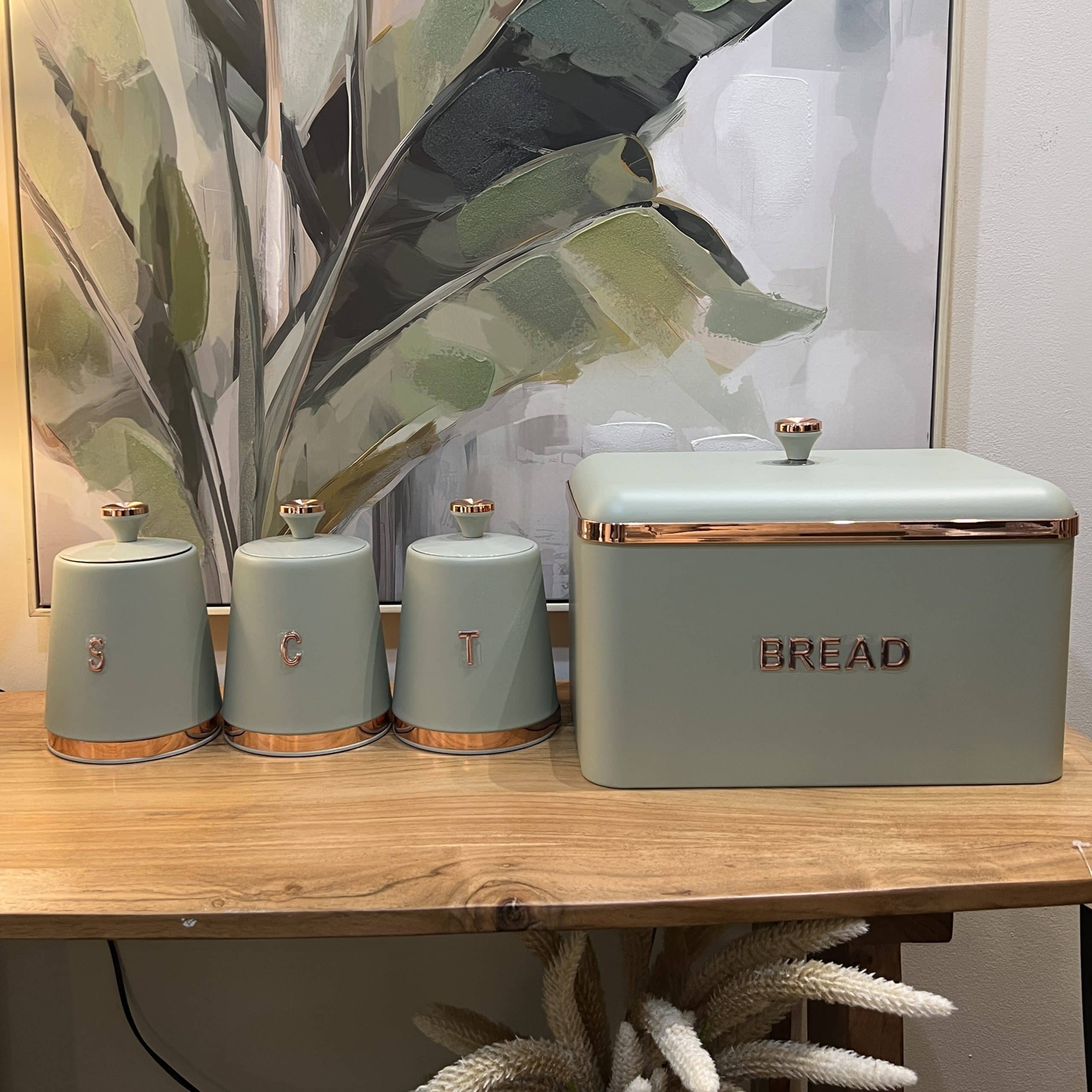 סט תה קפה סוכר וקופסת לחם ירוק מנטה כיתוב זהב דגם איקו סט תה קפה סוכר וקופסת לחם ירוק מנטה כיתוב זהב דגם איקו