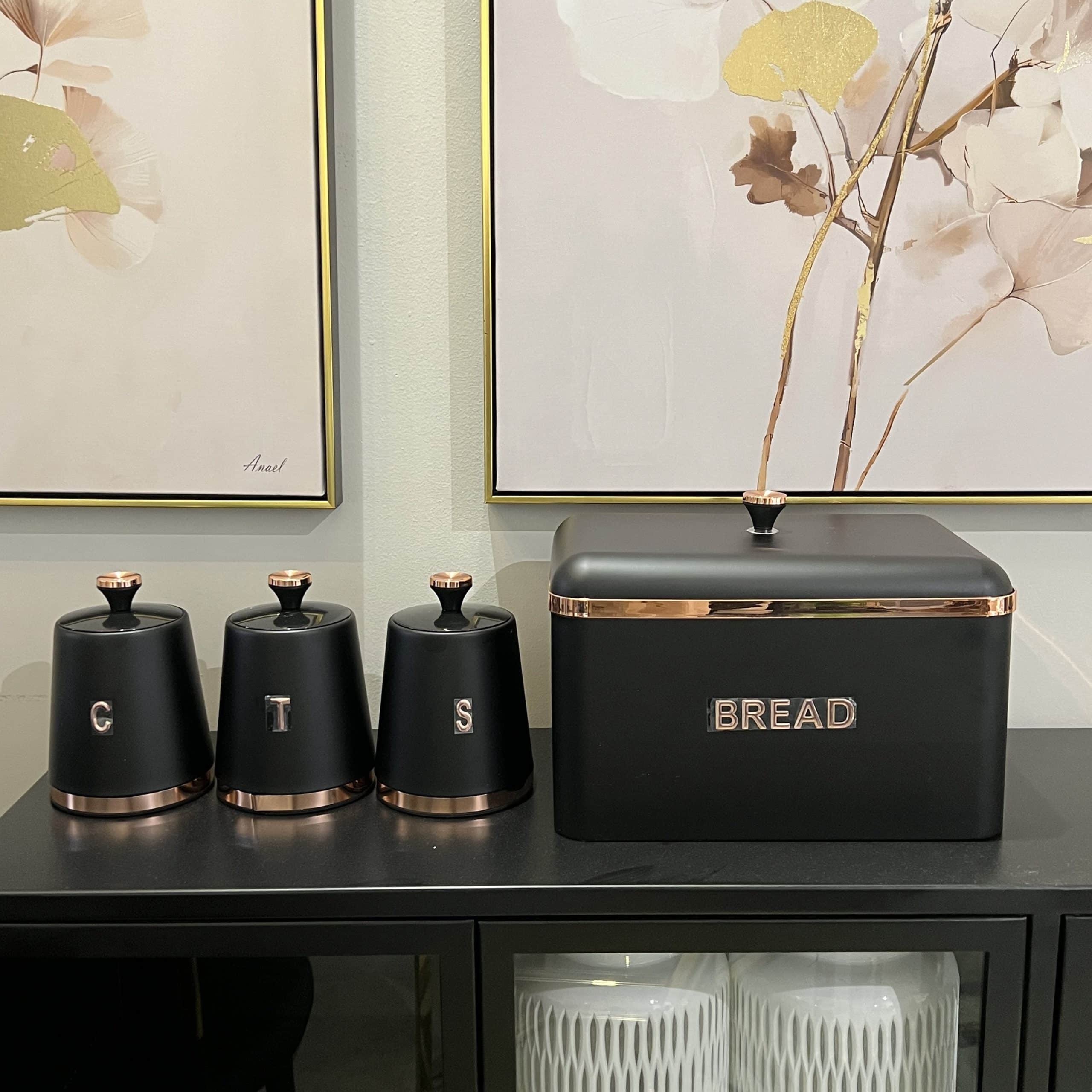 סט תה קפה סוכר וקופסת לחם שחור כיתוב זהב דגם איקו סט תה קפה סוכר וקופסת לחם שחור כיתוב זהב דגם איקו