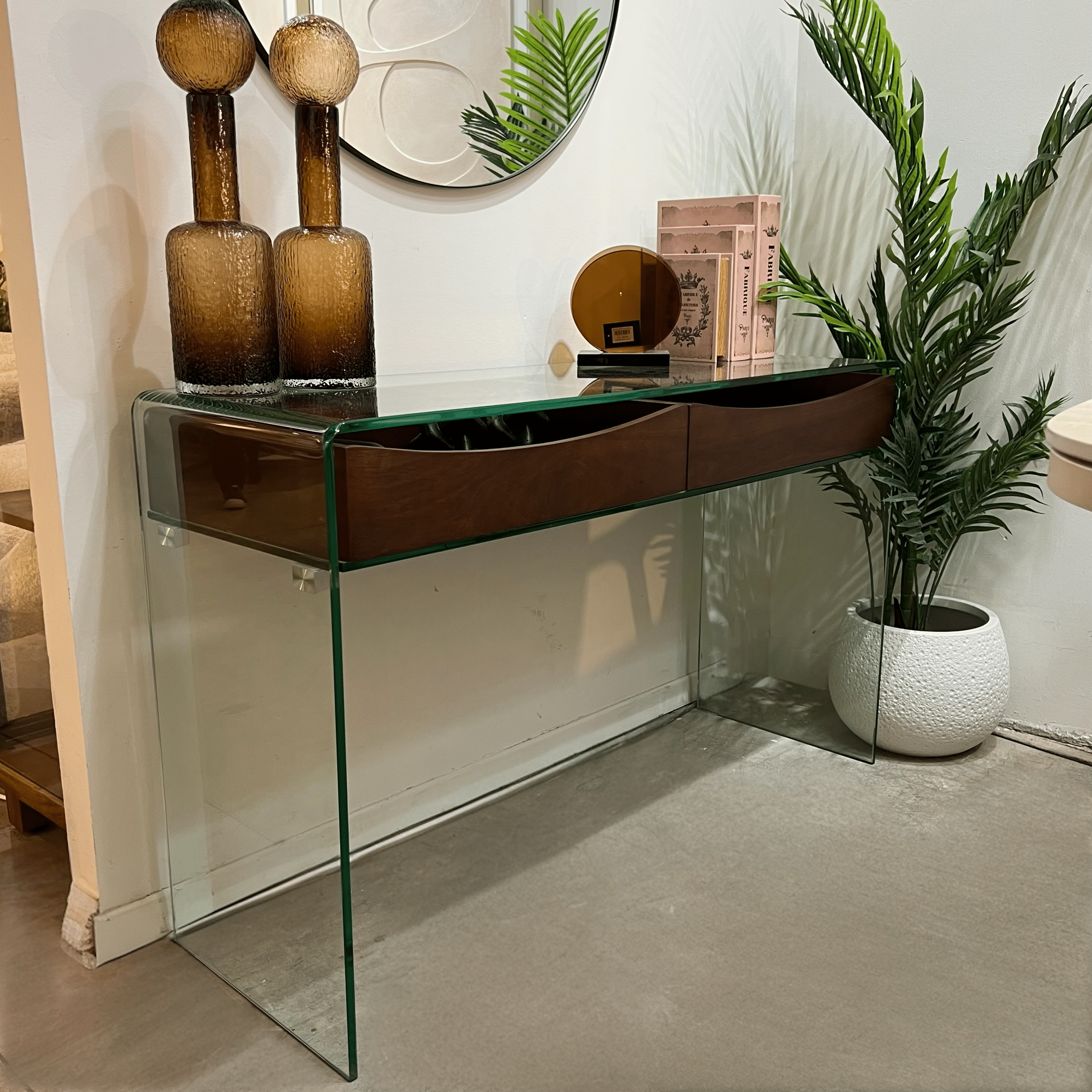 קונסולה מעוצבת מלבנית עץ זכוכית מחוסמת שקופה דגם פלור