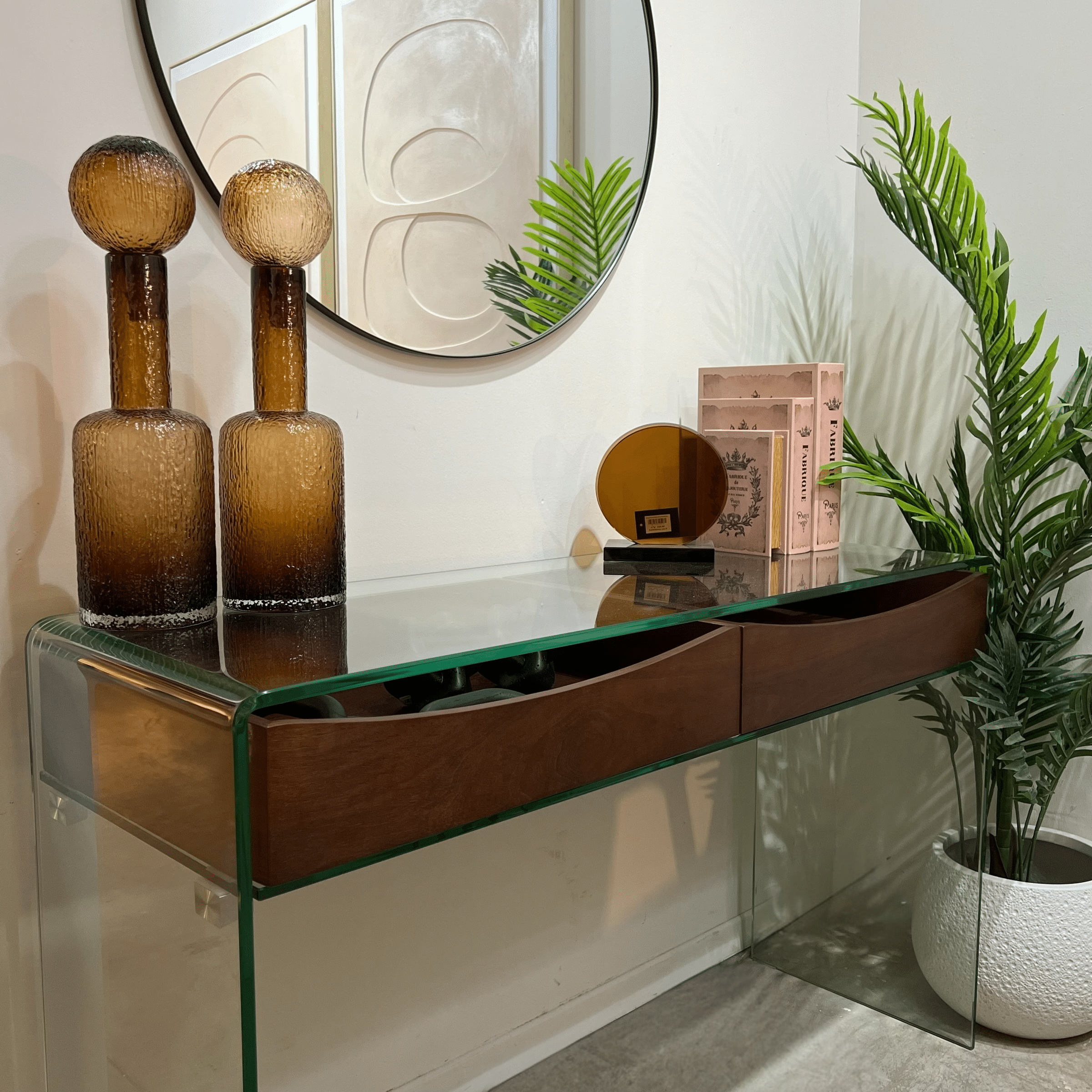 קונסולה מעוצבת מלבנית עץ זכוכית מחוסמת שקופה דגם פלור