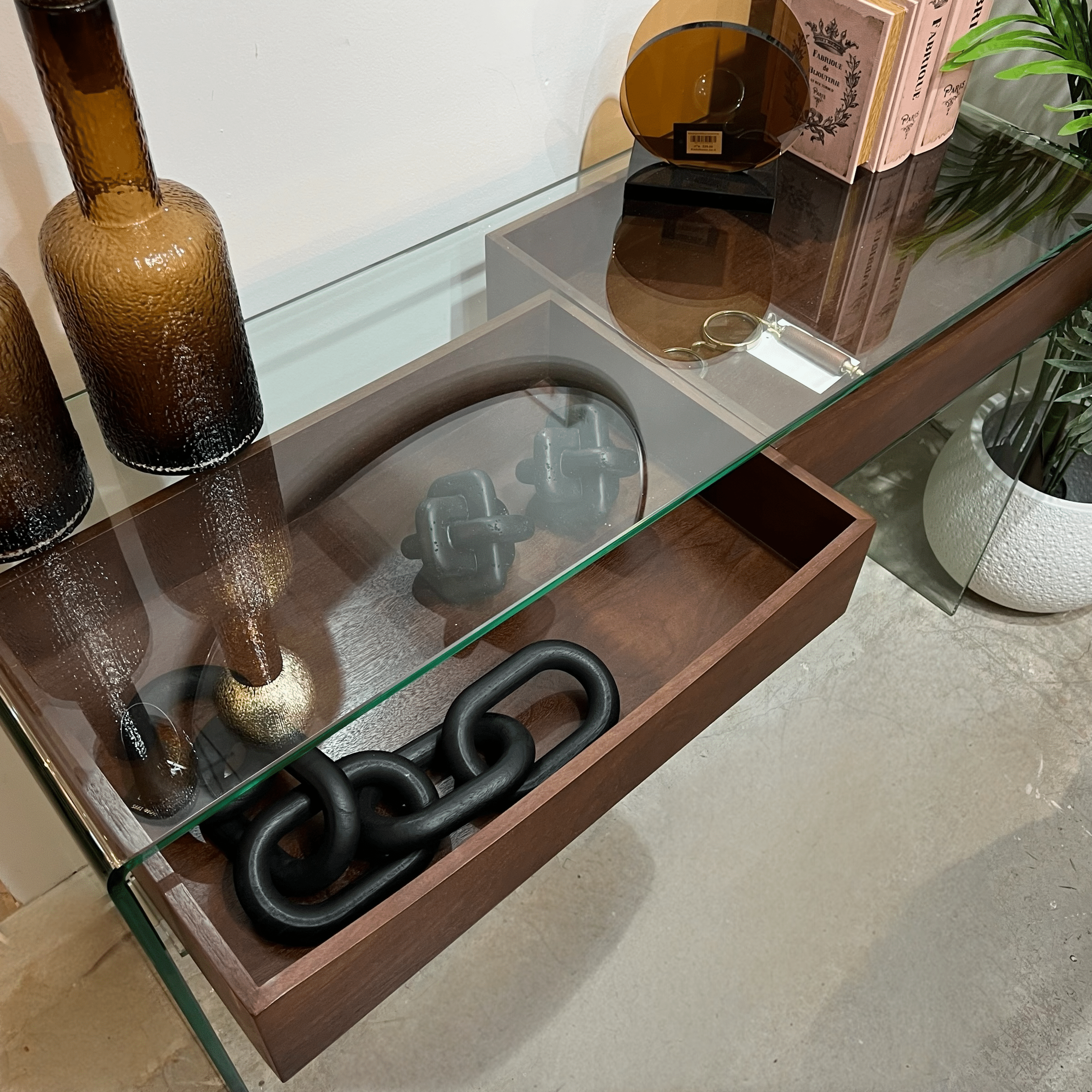 קונסולה מעוצבת מלבנית עץ זכוכית מחוסמת שקופה דגם פלור