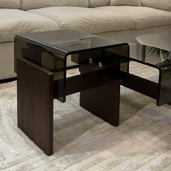 שולחן צד יוקרתי זכוכית חומה רגל עץ דגם פלור