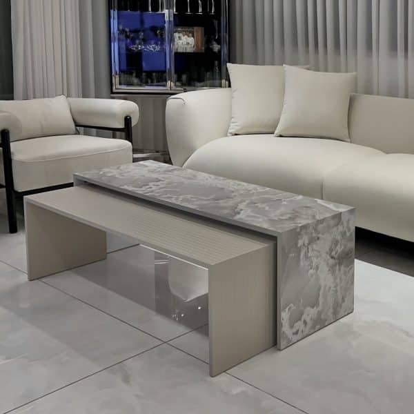 סט שולחנות סלון מלבני דגם ״שאטו״ גריי מארבל סהרה- עיצוב אישי