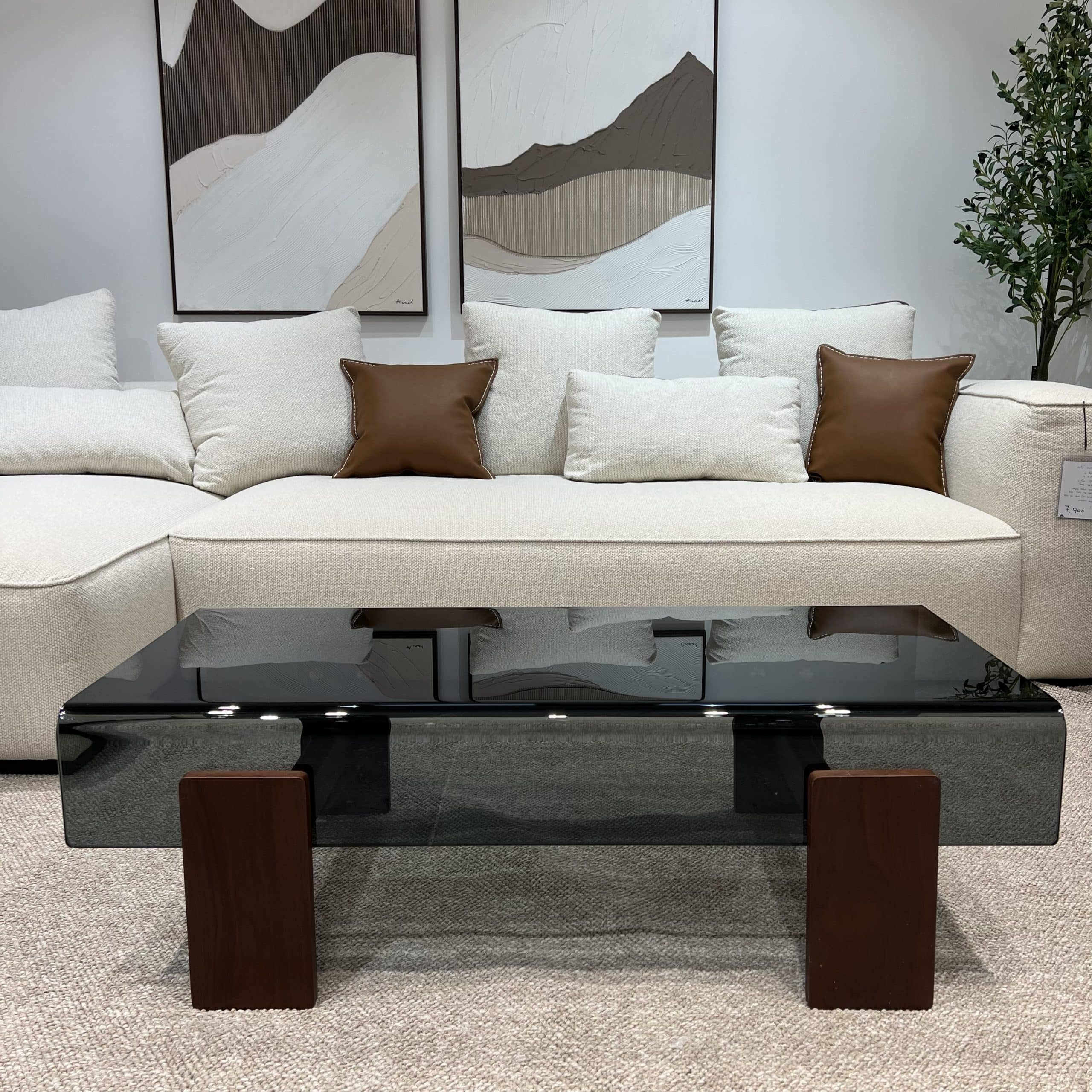 שולחן סלון יוקרתי מלבני זכוכית אפורה רגלי עץ דגם פלור שולחן סלון יוקרתי מלבני זכוכית אפורה רגלי עץ דגם פלור