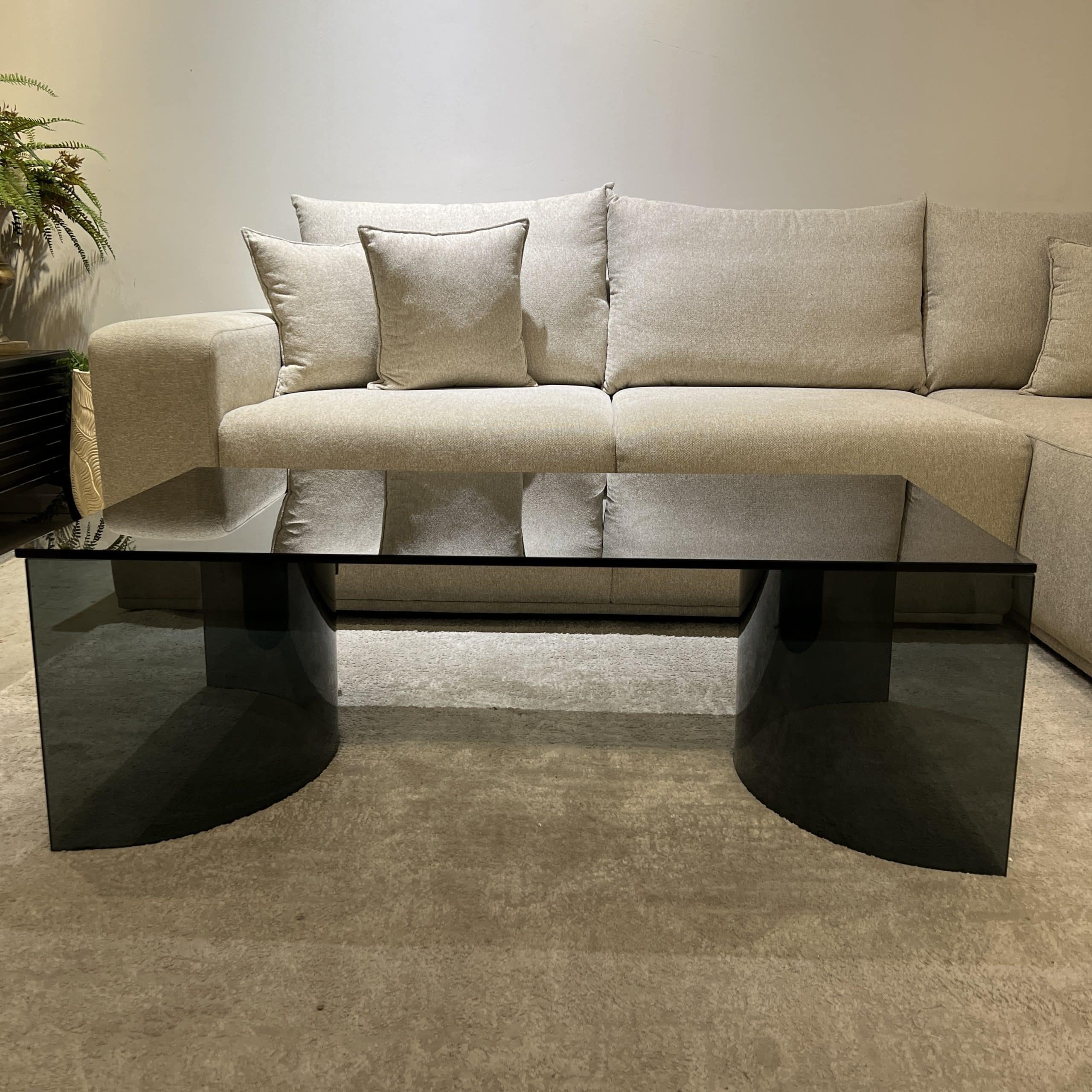 שולחן סלון מעוצב מלבני זכוכית אפורה רגלי חצאי עיגול דגם פלור שולחן סלון מעוצב מלבני זכוכית אפורה רגלי חצאי עיגול דגם פלור