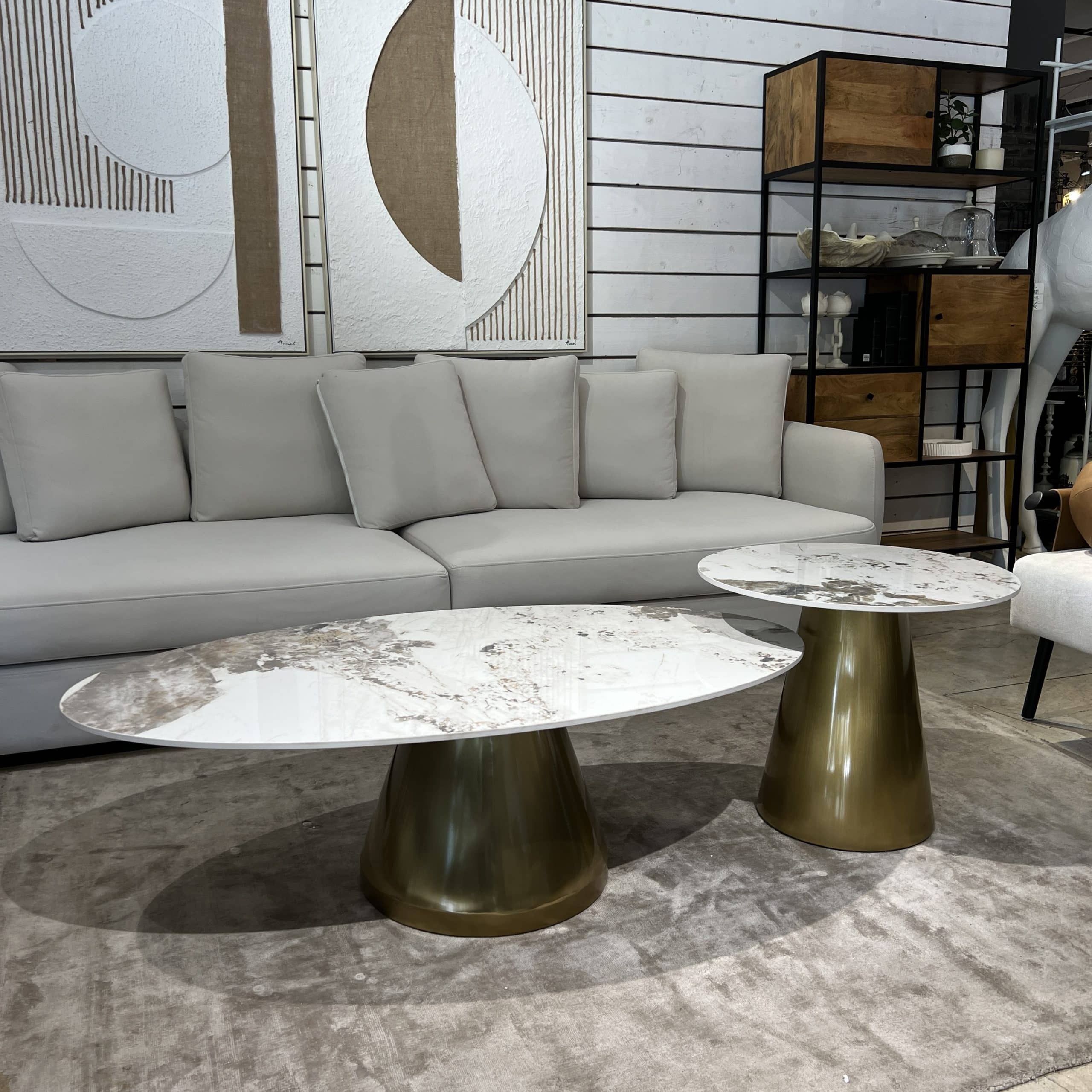 סט זוג שולחנות סלון יוקרתי מרבל אובלי רגל זהב דגם סופיטל