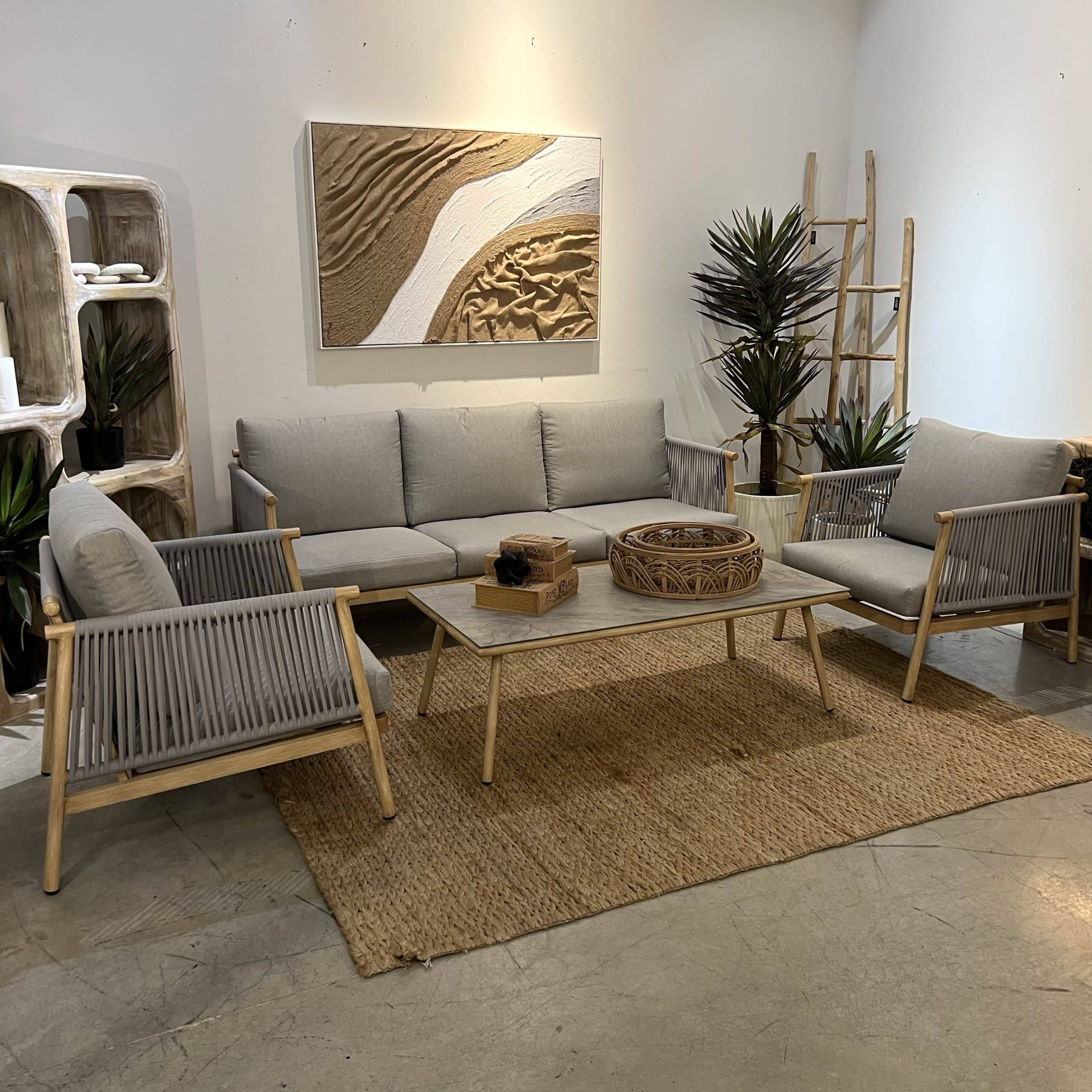 מערכת ישיבה חוץ מסגרת עץ בד אפור בהיר דגם טוסקנה