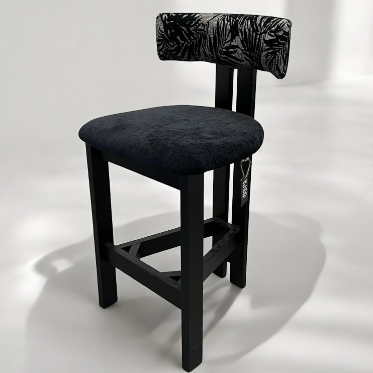 כסא בר מעוצב פאלם מושב אריג שחור גב רקמת עלים דגם סופיטל