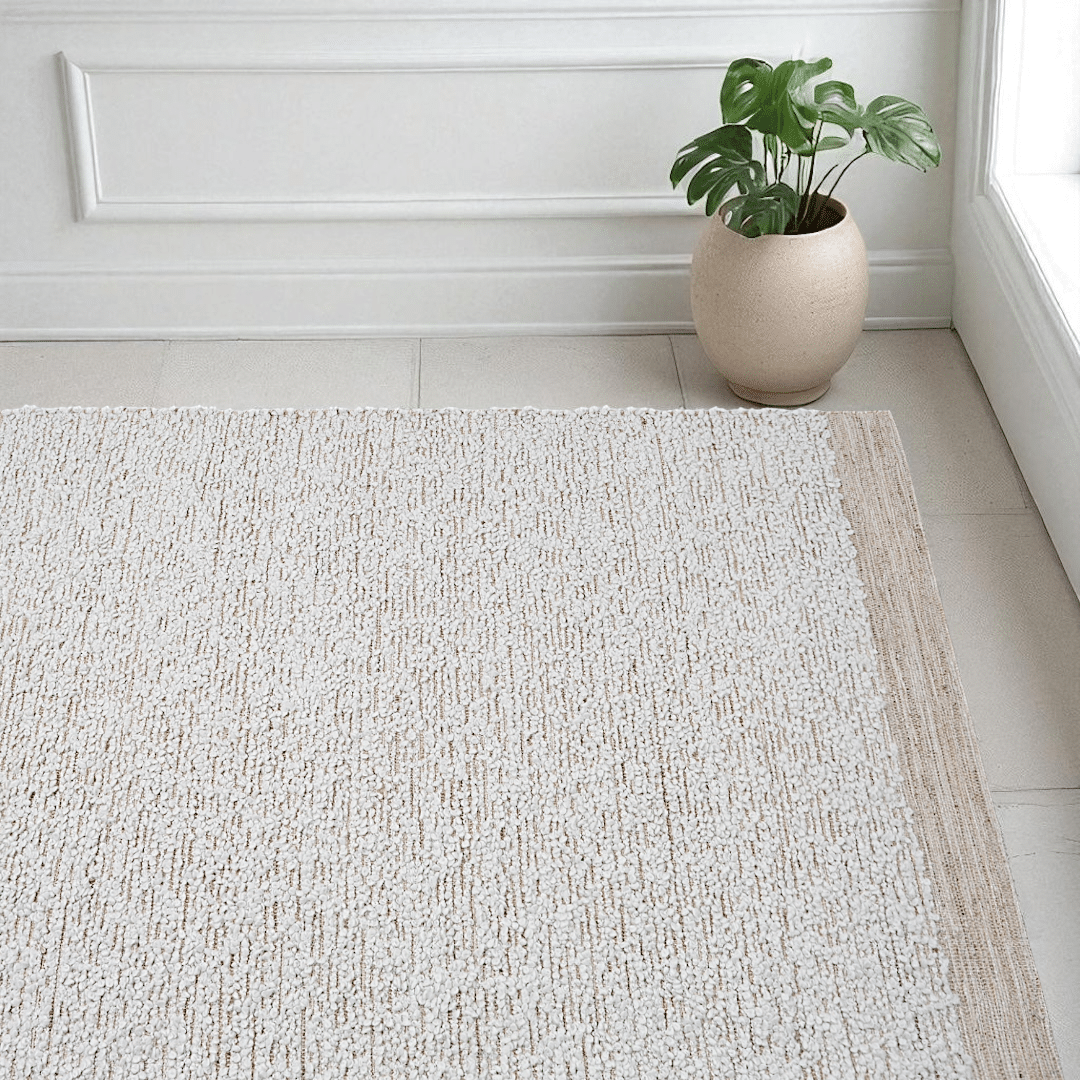 שטיח וכריות דגם אדמס בוקלה בגוון שמנת בסגנון בוהו חמים